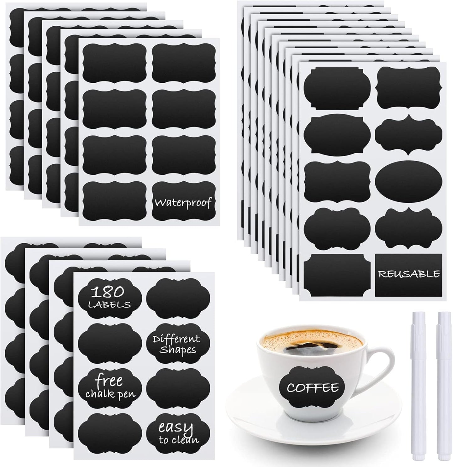Chalkboard Labels - 180pcs Waterproof Reusable Blackboard Stickers with 2 Free Erasable White Chalk Marker, Mini Decorative Chalk Labels for Jars Containers Kitchen Home Pantry Office