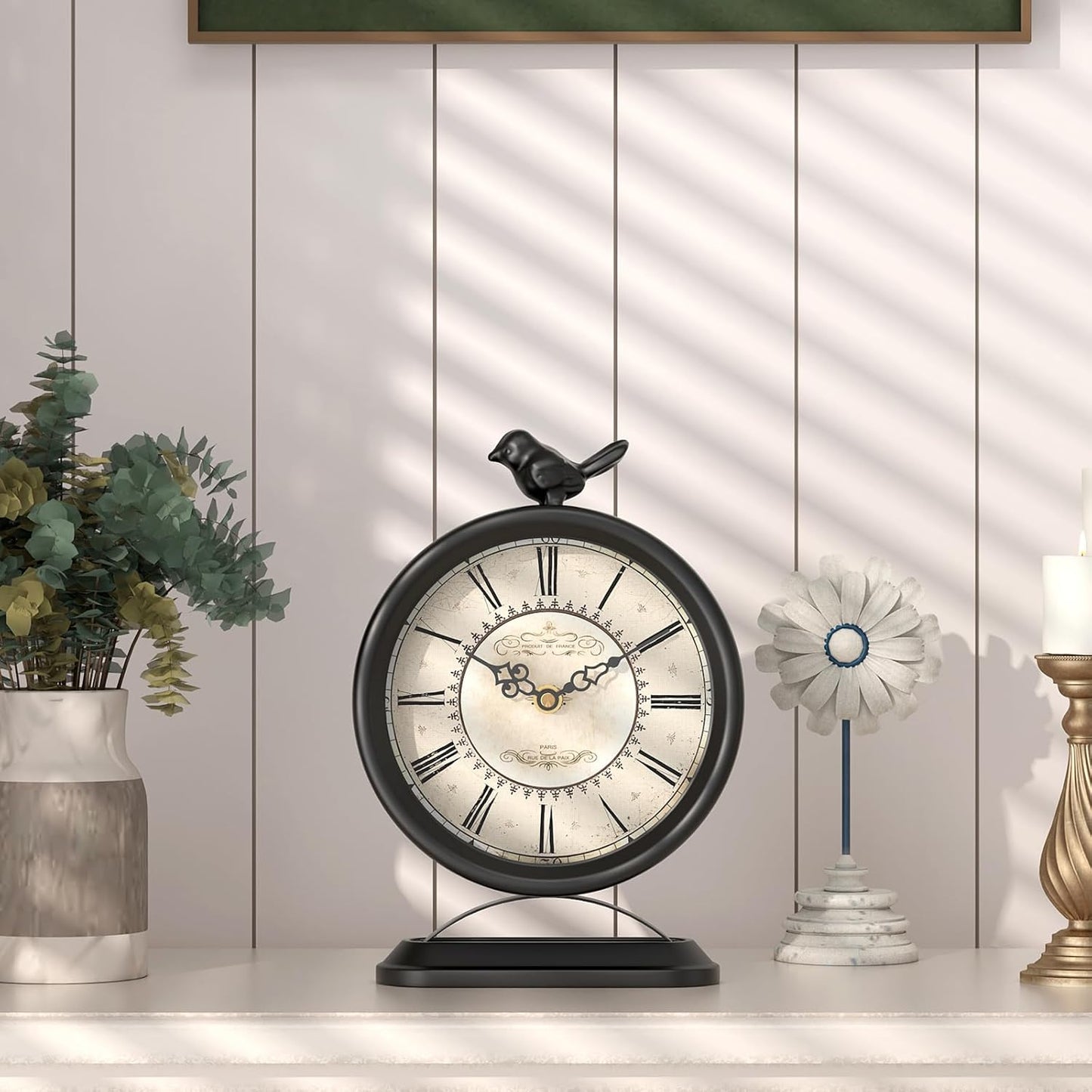 Vintage Table Clock with Bird, European Antique Style Black Mantel Clocks, Desk and Shelf Decor Clock, for Farmhouse, Bedside, Living Room, Bedroom, Gift (9" H x 6.5" W)