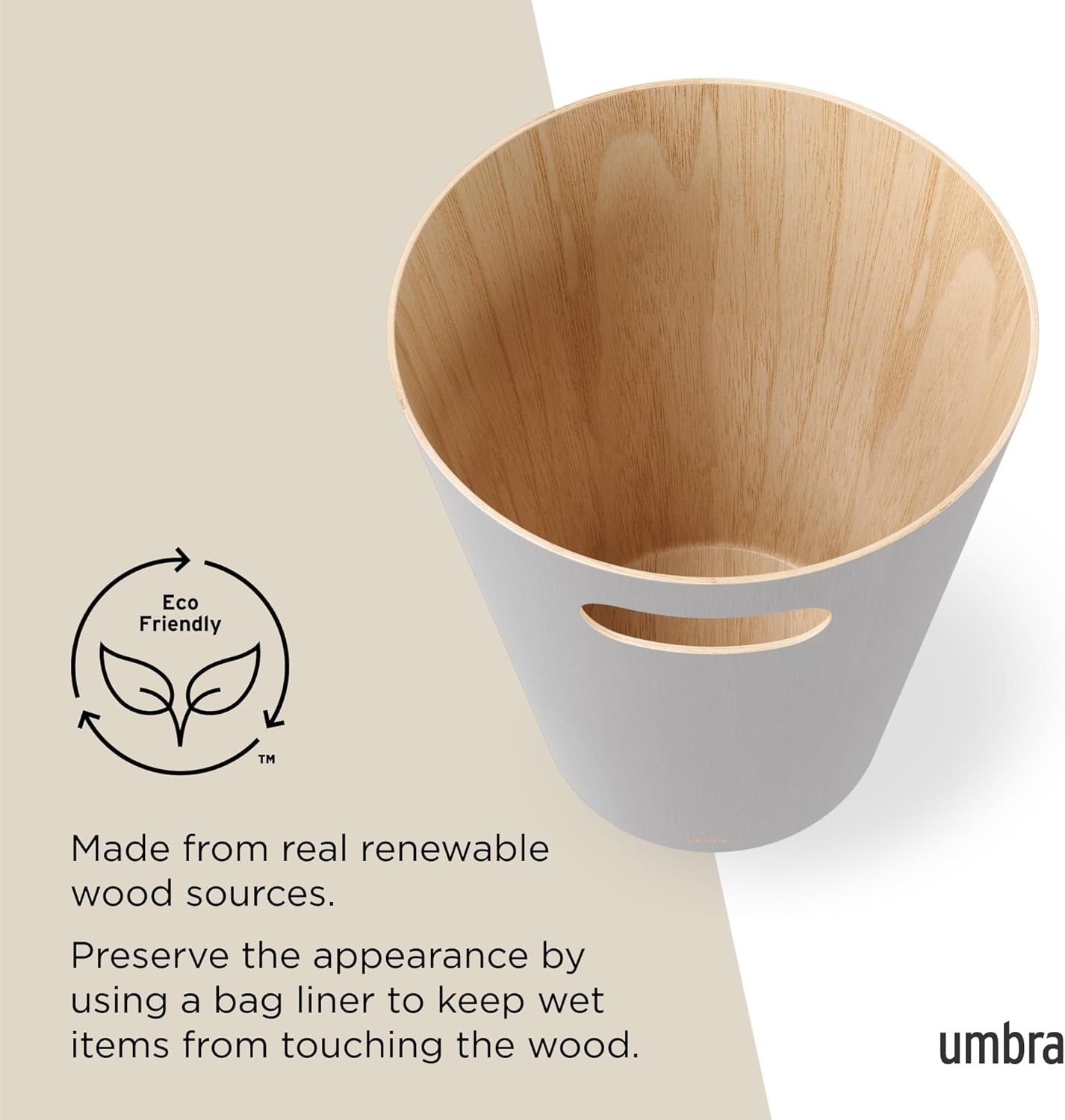Umbra Woodrow, 2 Gallon Modern Wooden Trash Can Wastebasket or Recycling Bin for Home or Office, Grey (082780-918)