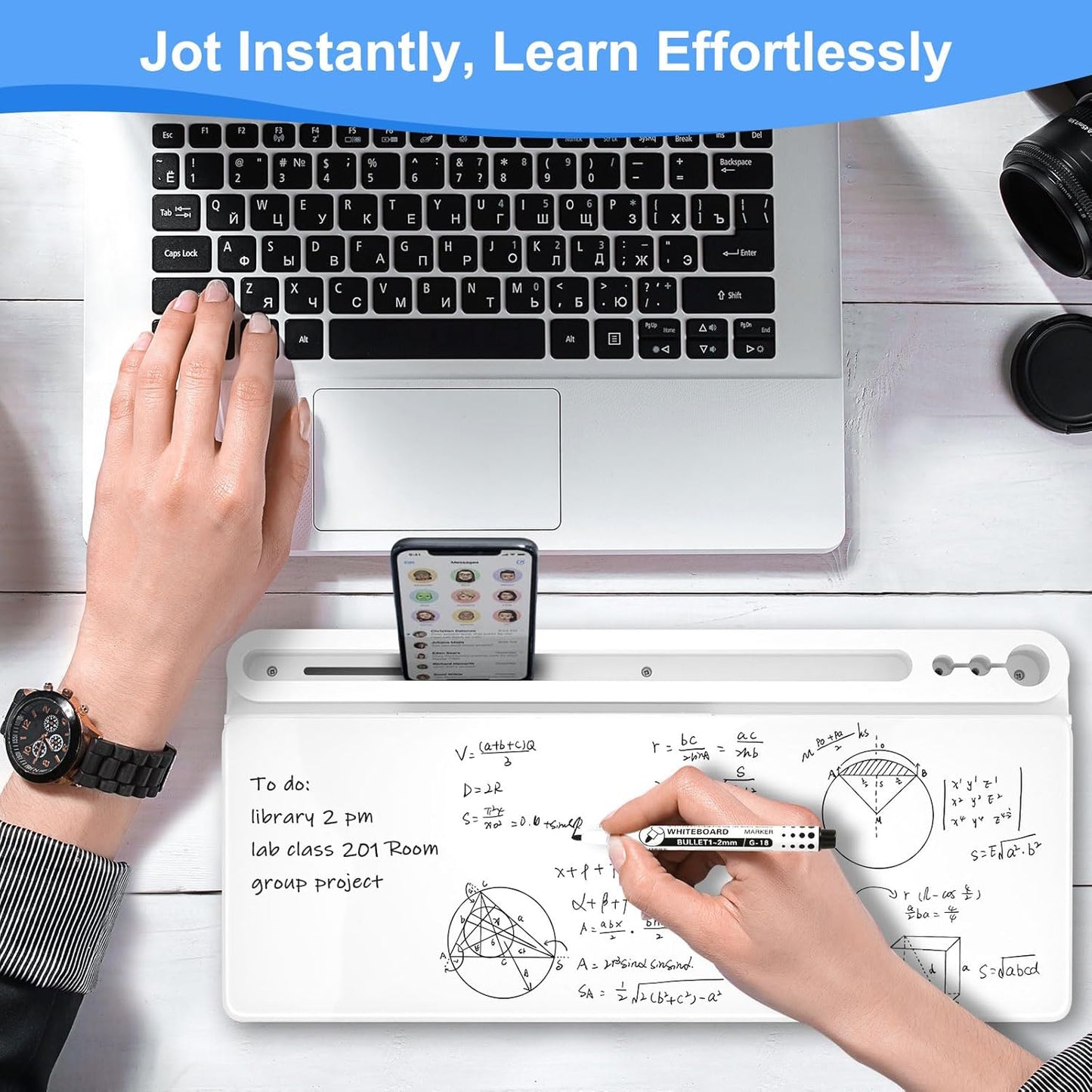 Desktop Glass Whiteboard with Storage, Desk White Board with Computer Keyboard Stand, White Dry Erase Board with Drawers for Home, School, Office Desk Organizers and Accessories