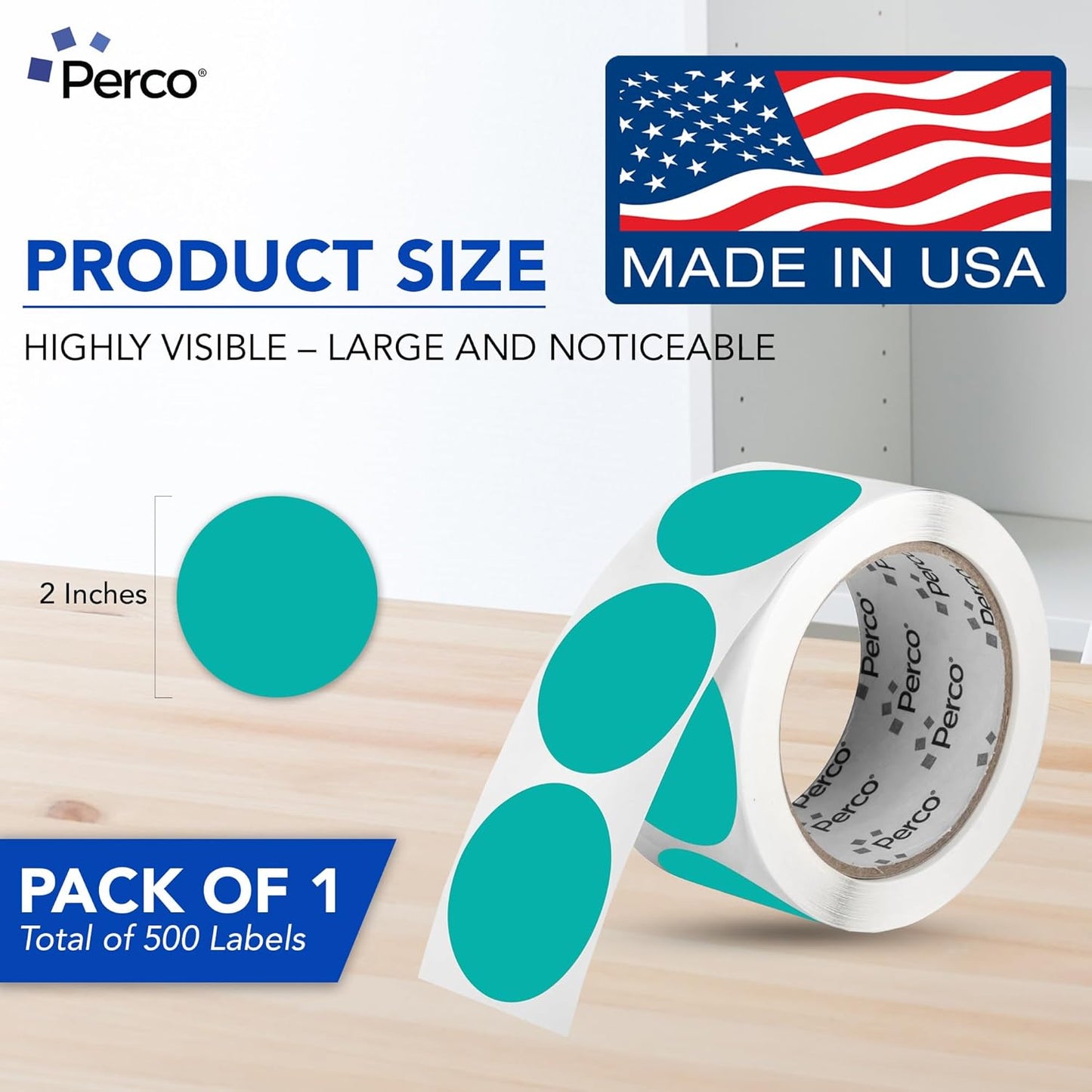 Perco Teal 2-Inch Round Circle Dot Sticker Labels with Easy Peel Perforation - 500 Labels per Roll - Strong Adhesion, Vibrant Colors for Organizing, Crafting & More - Made in USA
