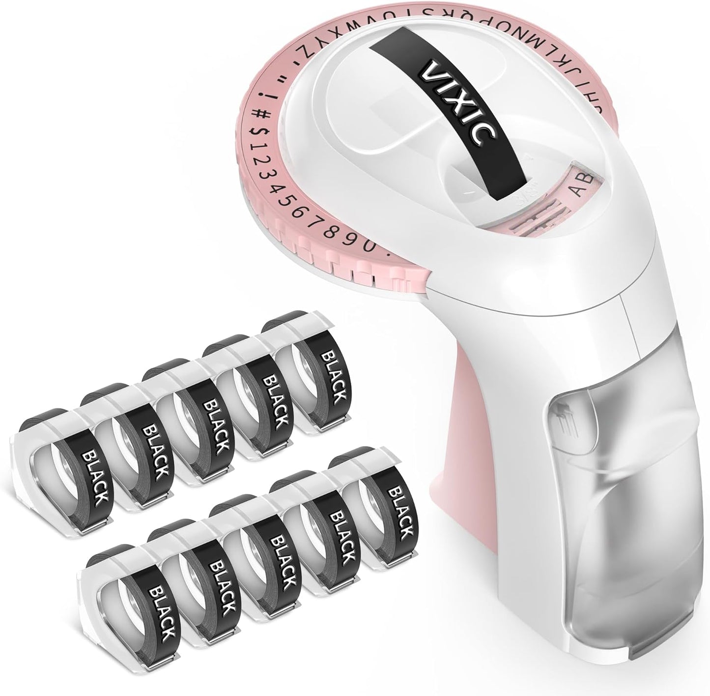 Embossing Label Maker Machine with Tapes, Vintage Embossed Label Maker, Retro Embossing Machine with 10 Rolls 9mm 3D Embossing Label Tapes for Home Office Kids DIY Crafting School, Pink