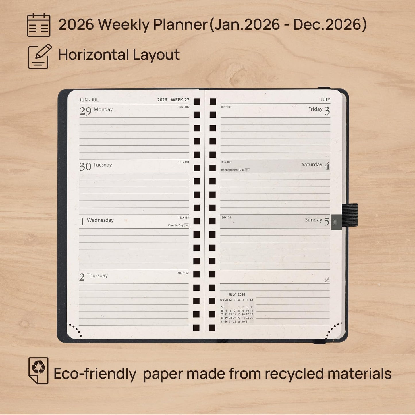 POPRUN 2026 Recycled Weekly Planner 12 Months Pocket Size (3.5'' x 6.5'') - Spiral Calendar Weekly and Monthly for Purse, with Italian Regenrated Leather, Pen Holder - Desert Brown