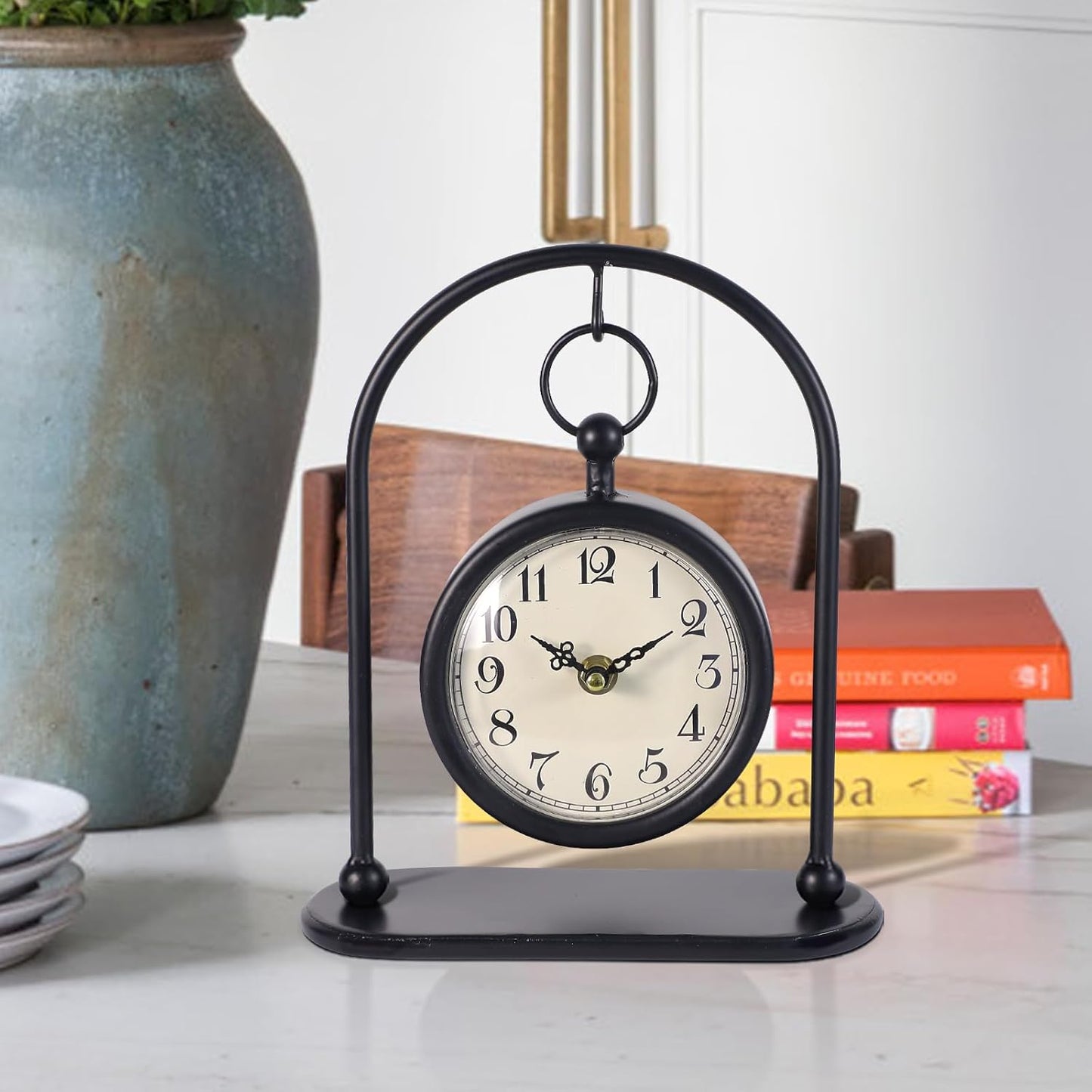 Vintage Metal Table Clock, Farmhouse Table Clock, Small Black Silent Non-Ticking Battery Operated Desk and Shelf Clocks for Home Kitchen Living Room Bedroom Decor