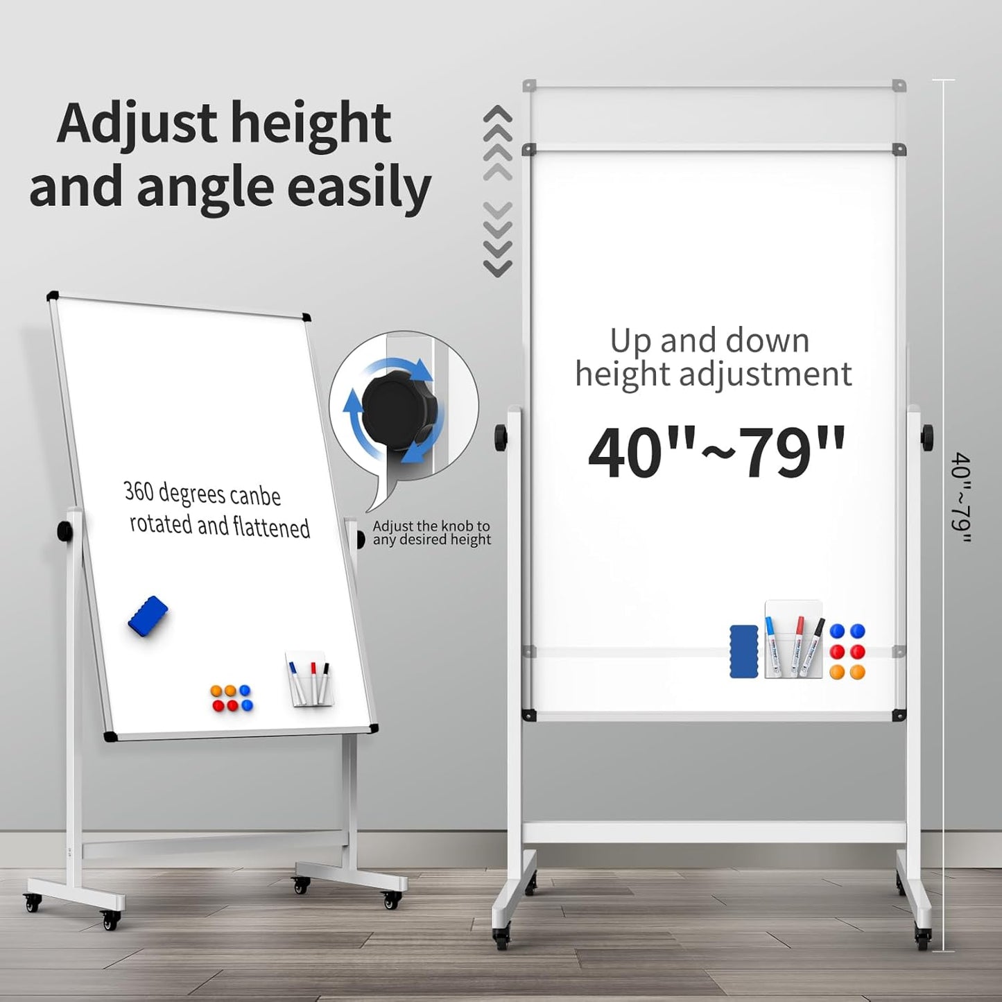 Whiteboard on Wheels, 44x26 Inches Double Sided Magnetic Dry Erase Board Height Adjustable Whiteboard with Stand for Home Office Classroom