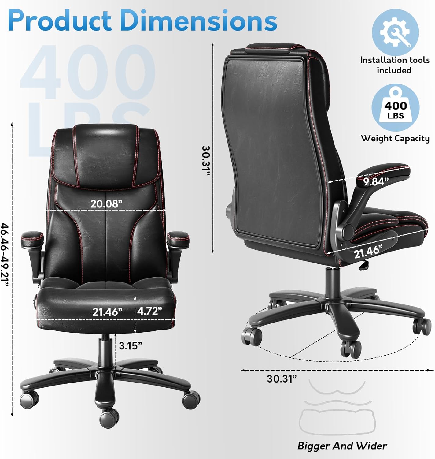 Office Chair Big and Tall 400lbs, High Back Executive Office Chair Flip Up Arms, Breathable Leather Home Office Computer Desk Chair with Lumbar Support Rocking Function, Black