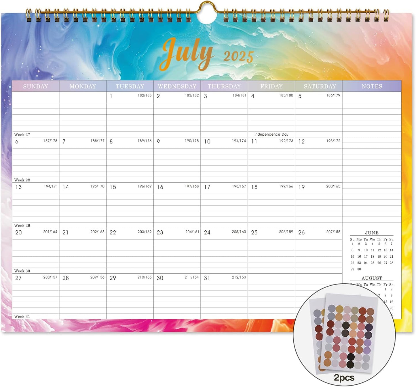 Lbylyhxc Calendar 2026 - 18 Monthly Wall Calendar 2025-2026 from July 2025 to December 2026, 14.8 x 11.5 Inches.Thick Paper includes major holidays and dedicated space for notes and important dates (Calendar 2025-2026 rainbow)