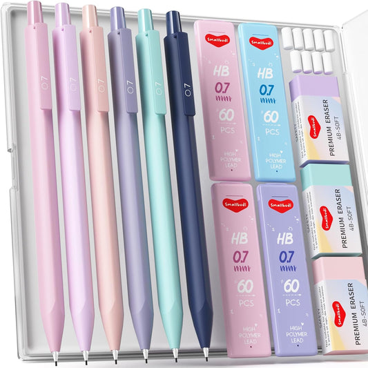 6PCS 0.7mm Mechanical Pencils Set with Case, Cute Pastel Mechanical Pencil with 240PCS HB Lead Refills, 3 Erasers, Aesthetic Back to School Supplies for Student Writing Drawing Sketching