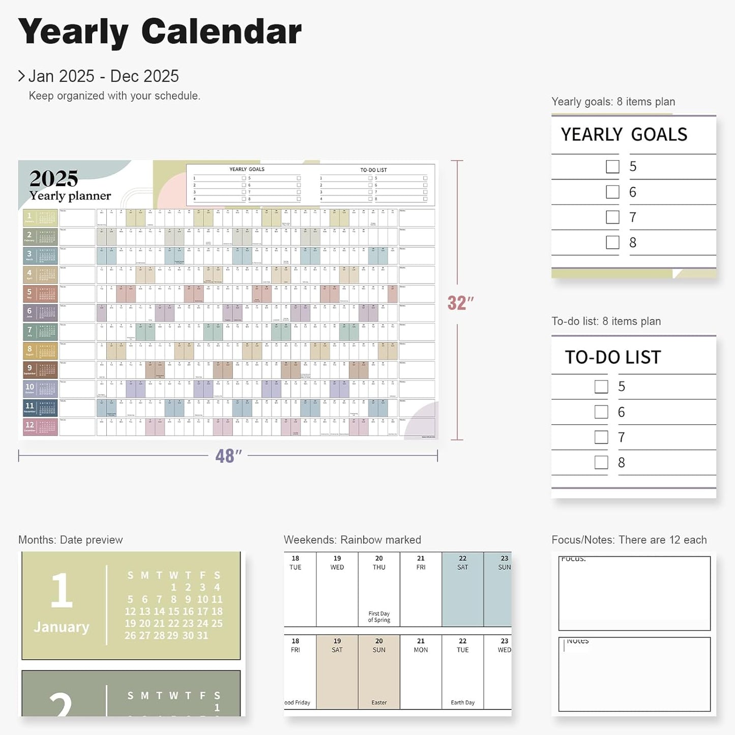 Ospelelf 2025 Wall Calendar Large 32'' x 48'' Dry Erase Laminated Calendar for Wall, 12 Month Family Calendar, Use Jan 2025 - Dec 2025 (Morandi)