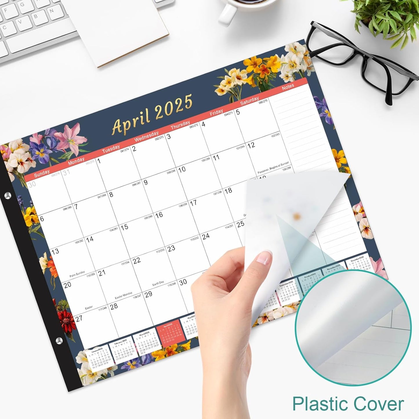 Gannyfer Desk Calendar 2025-2026, Large 22"x17" Desktop Calendars 18 Month Jan 2025 - Jun 2026, Monthly Planner Pad with Plastic Cover -Dark Floral