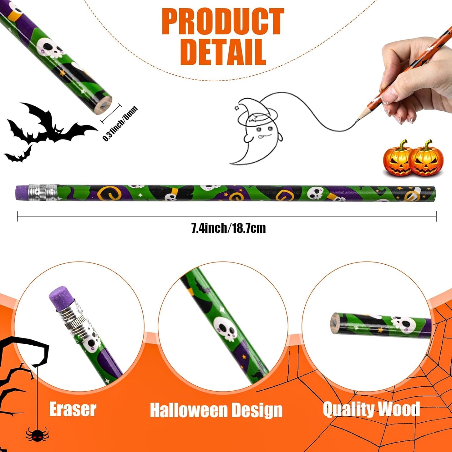 LOMIMOS 120pcs Halloween Pencil Bulk,Colorful Wooden with Eraser 12 Patterns Stationery for Kid Trick or Treat Gift Prize Party Favor School Office Supply Goody Bag Classroom Reward