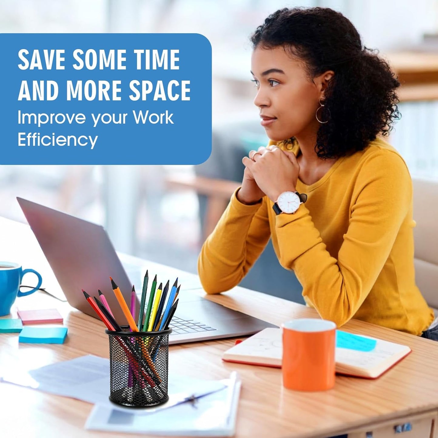 2 Pack Black Pencil Cup - Wire Mesh Pen Cup Holder for Desk, Office Pen Organizer With Sleek Design