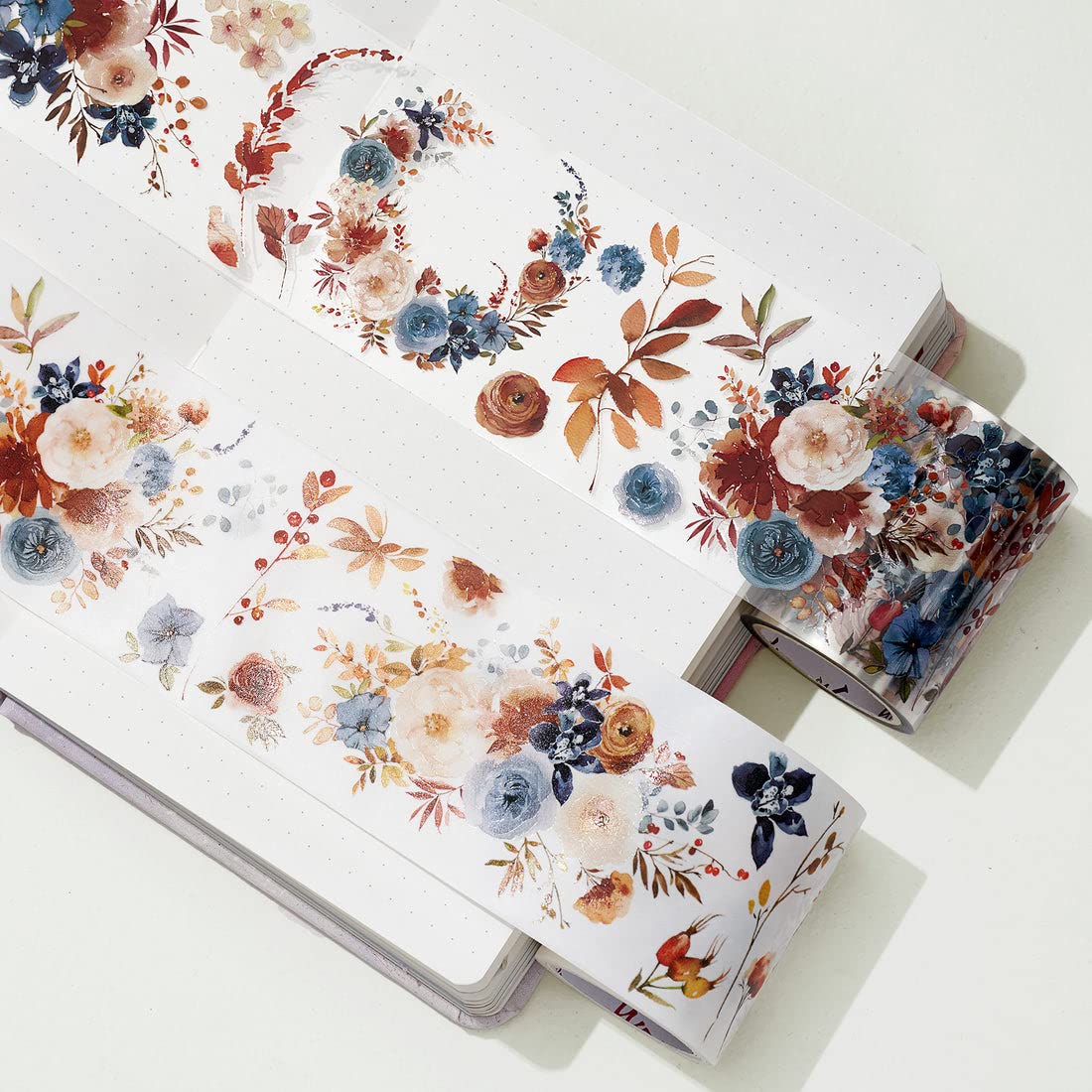 WT Dusty Blue & Cinnamon Wide PET Tape, Single Roll, Original Designs, Floral Decorative Tape, Transparent Craft Tape for Bujo Planner & DIY Supplies, Watercolor Flowers