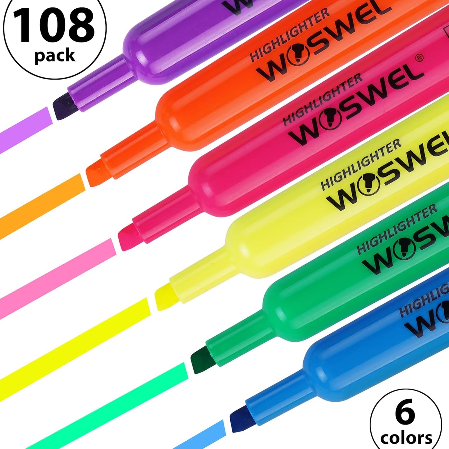 Highlighters Bulk, 108 Pack Tank Style Highlighters Assorted Fluorescent Colors Set, 6 Bright Colors Chisel Tip Highlighter Markers for Kid and Adult Coloring, Highlighting as School Supplies