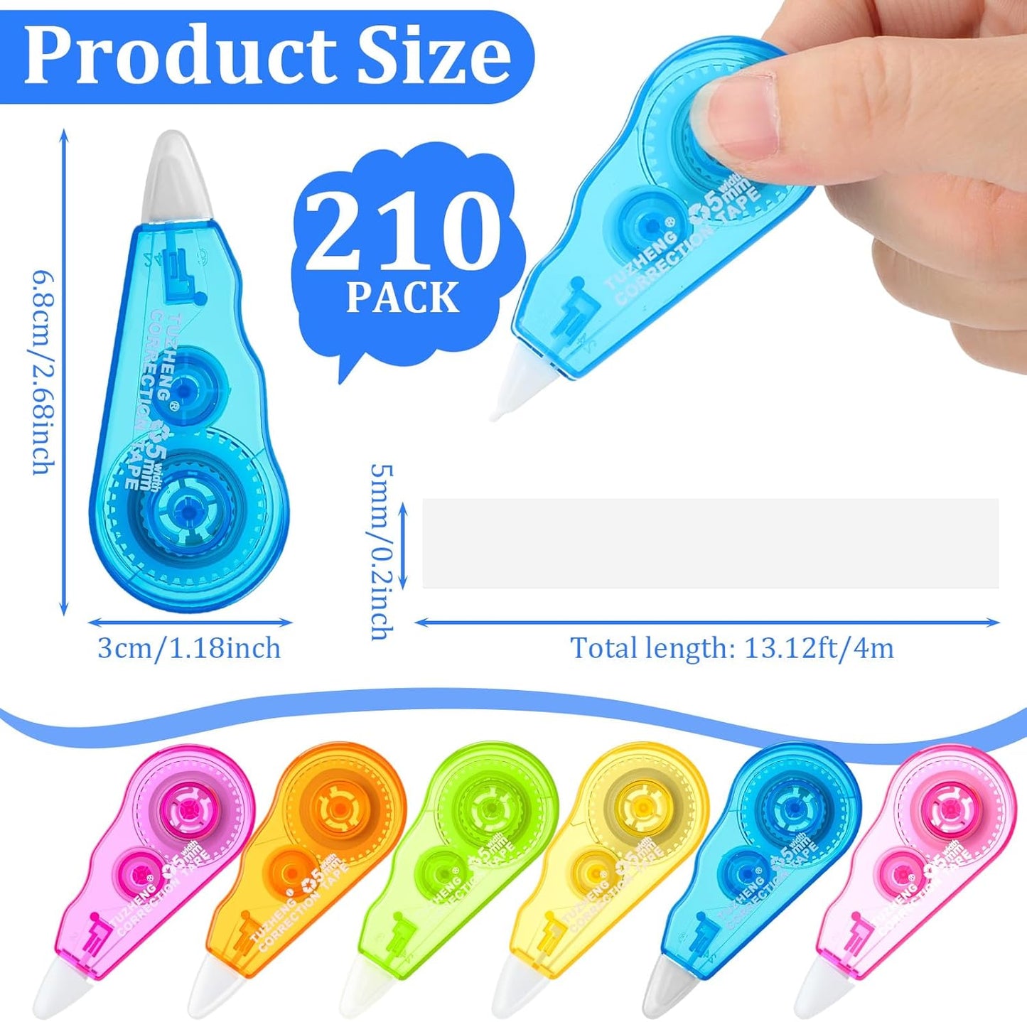 Chivao 210 Pack Mini Correction Tape Bulk Ink Corrector Eraser Tape Set 13.12 ft Cute Aesthetic Colorful Instant Correction Applicator for Office School Student Stationery Supplies, 0.2 x 158 Inch