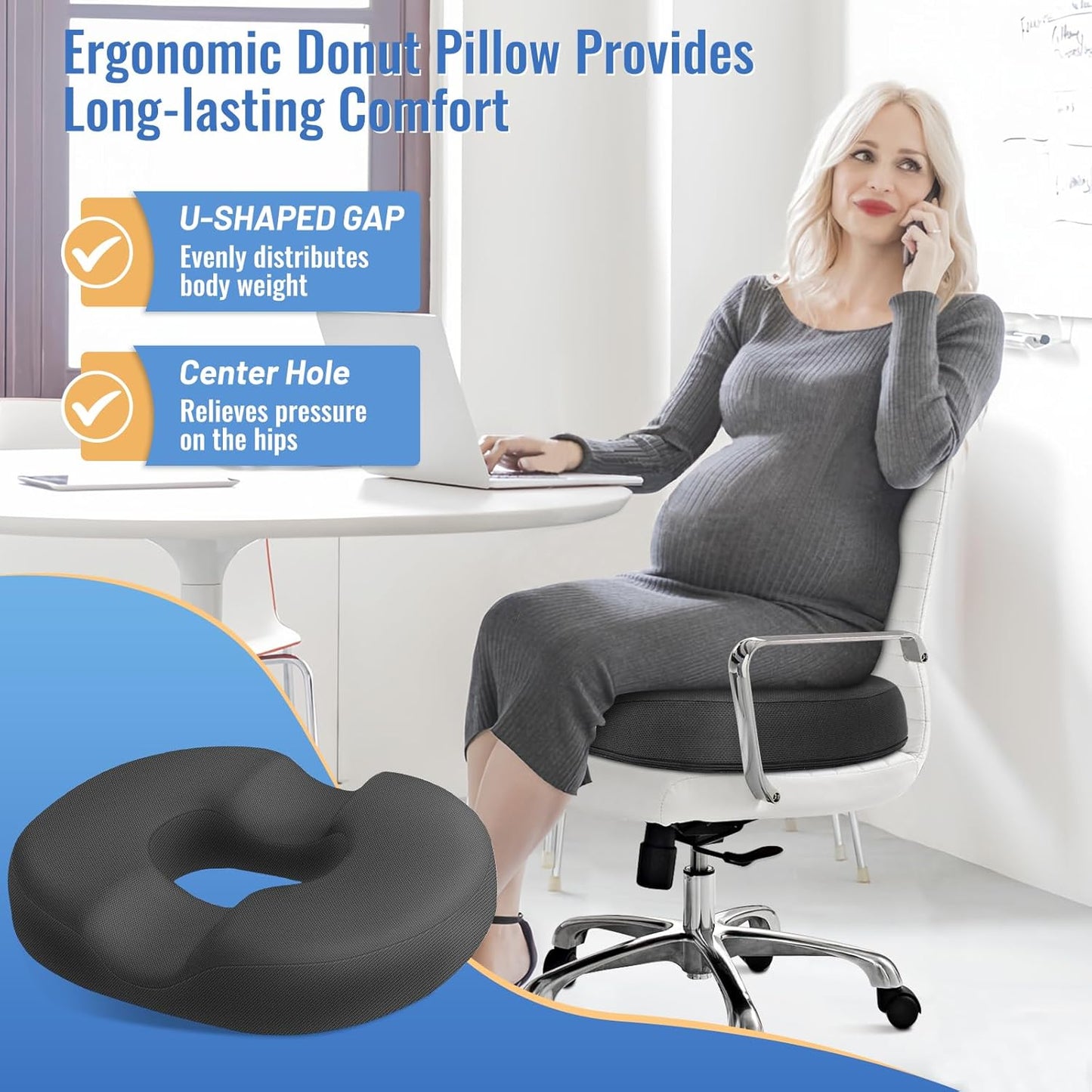 CloudBliss Donut Pillow Seat Cushion for Tailbone Pain Relief and Hemorrhoids, Memory Foam Seat Chair Cushion for Postpartum Pregnancy, Seat Cushions for Men and Women for Home & Office, (Grey-XL)