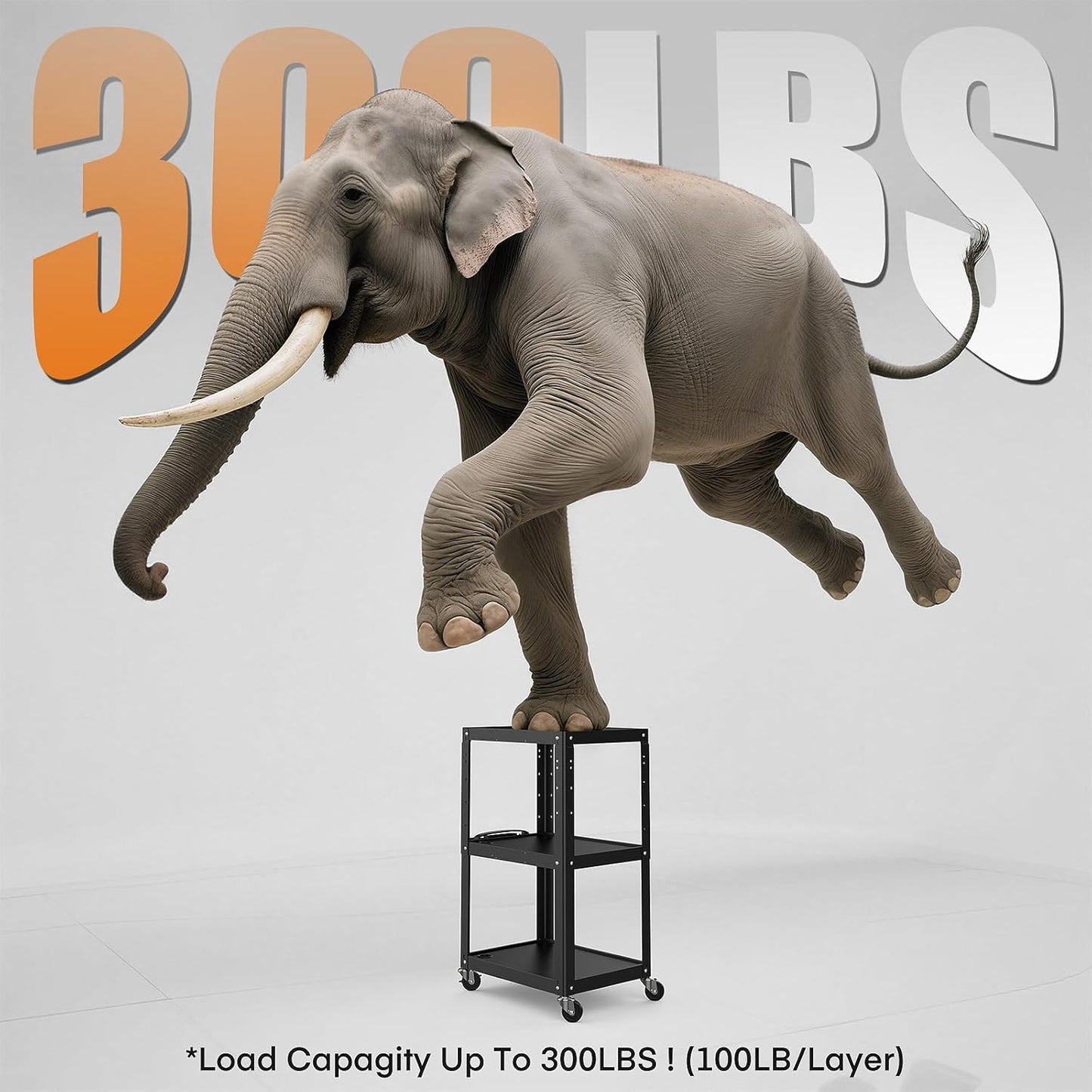 3 Shelf Metal Utility Cart - Durable Computer Cart on Wheels with Power Strip,Height Adjustable AV Presentation Cart Stand for Movie Projector,TV and Laptop Computers,Easy to Assemble, Black