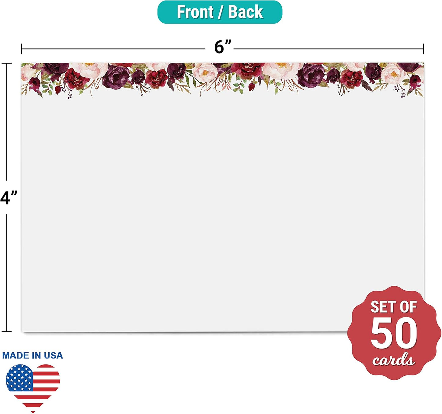 321Done Index Cards with Red Roses Floral Design - (50) 4x6 White Cards - Blank, No Lines - For Studying, Learning, Notes, Messages, Notecards, Crafts & Card Making - Pretty, Cute - Made in USA