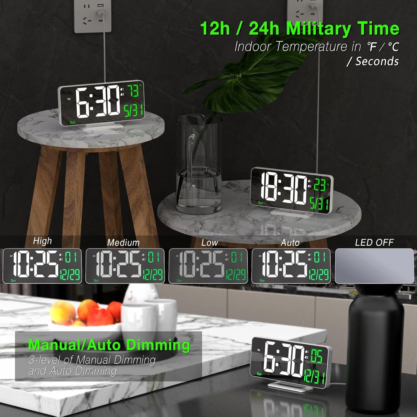 KOSUMOSU Alarm Clock for Bedroom, 6.7" Led Desk Digital Clock,Mirror Clock,Dual Alarm Clock for Living Room with Seconds,Date,Week,12/24h,Dimming,Temp