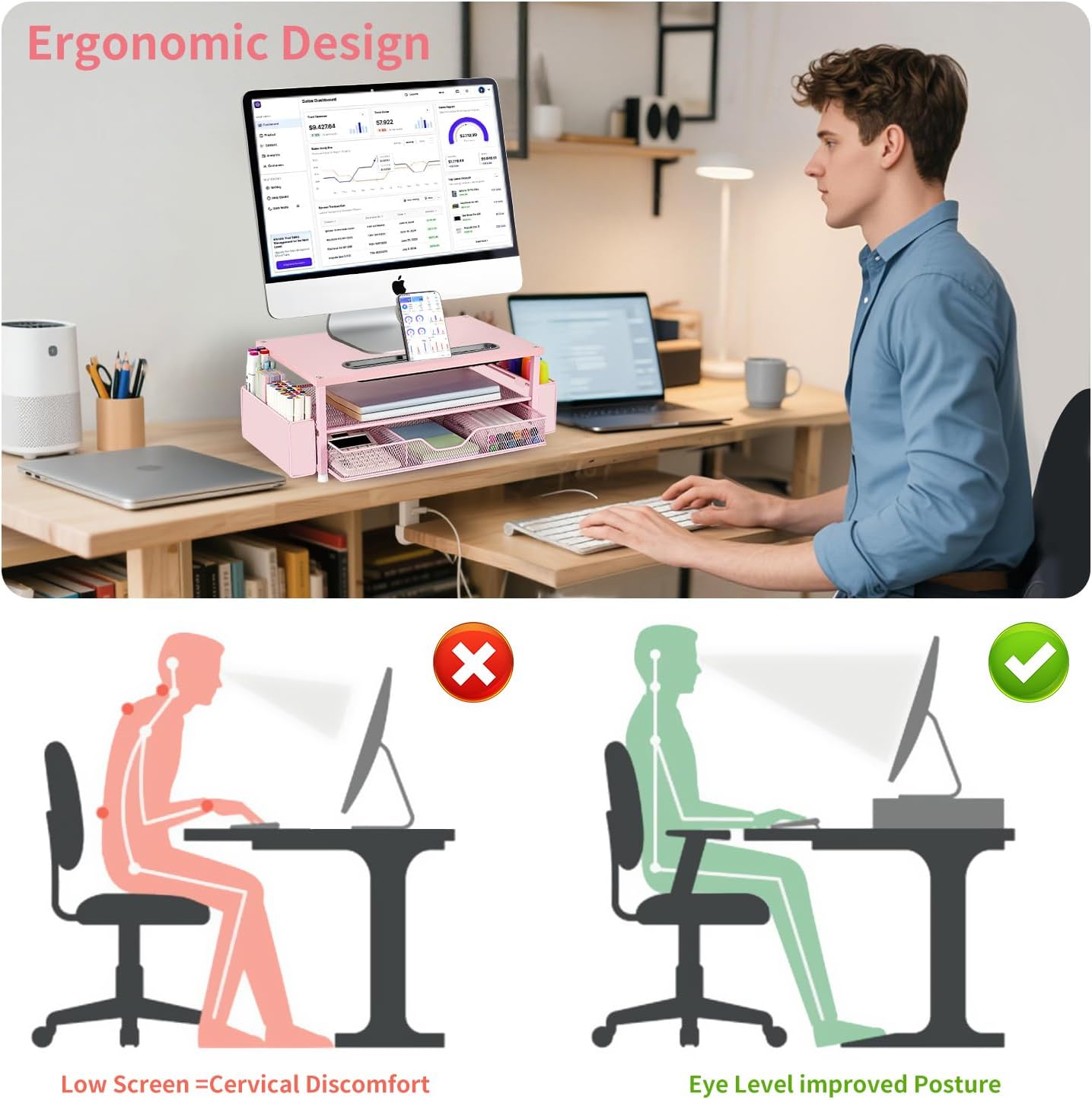 AUPSEN Pink Desk Organizers and Accessories, 2-Tier Wood Computer Monitor Stand with Drawer, Pen Storage & Phone Holder, Office Desk Accessories, Workspace Desktop Organization for Office Supplies