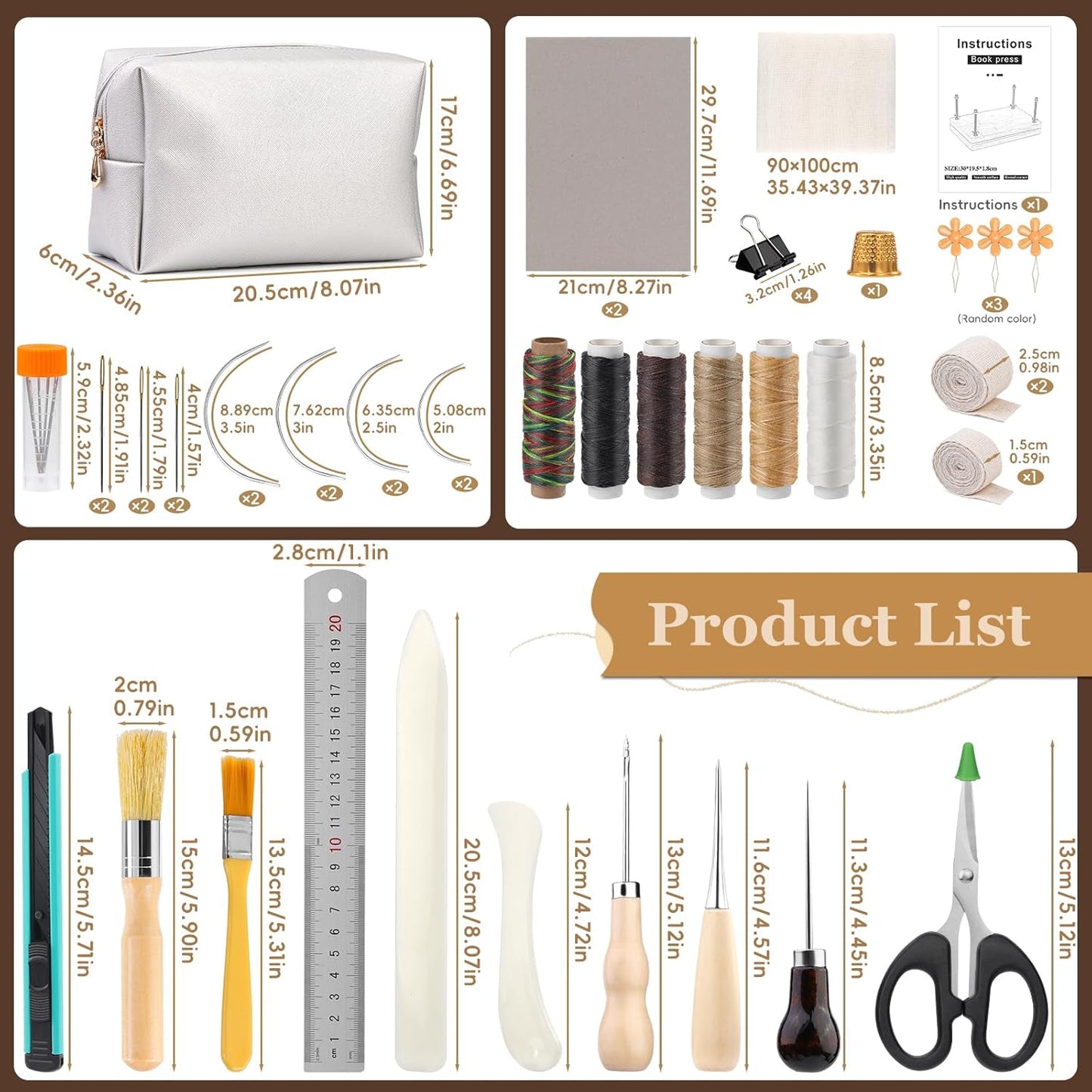 JUPEAN 45 Pcs Book Binding Kits, Bookbinding Kit Large Book Press 14.76”x11.42” with Books Binding Materials Bone Folder Tool Bind Cloth Webbing Strap and Storage Bag for Repair