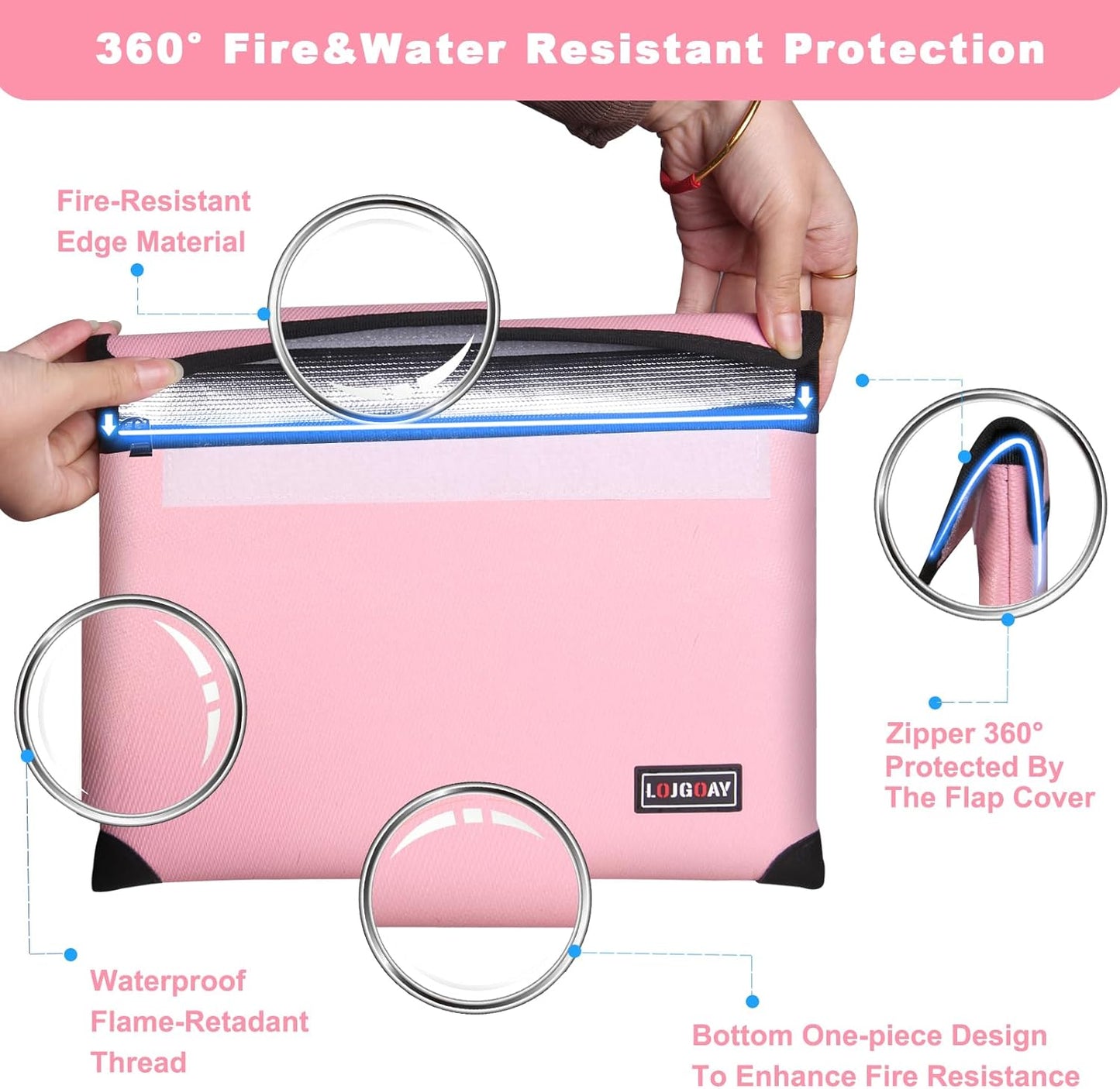 Fireproof Bag with 5200℉ Thermal Insulated, Waterproof Fireproof document bag with Zipper, Fireproof Money Bag for Cash, Fireproof Safe Bags for Home Safe Bank Valuable Documents (Pink, 11"x7.7")