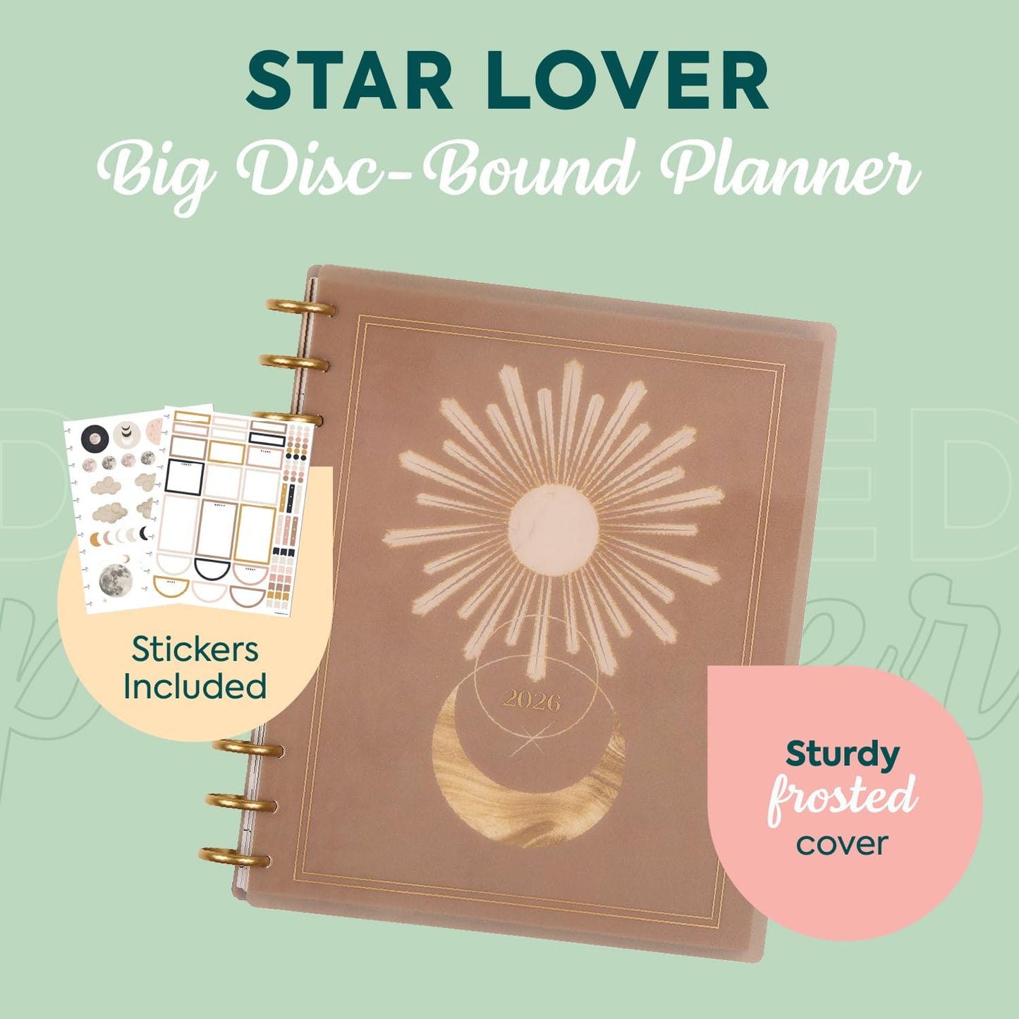 Happy Planner Disc-Bound Planner Jan.–Dec. 2026, Includes 3 Extra Months and 2 Sticker Sheets, Big Size, 8.5" x 11", Dashboard Layout, Star Lover