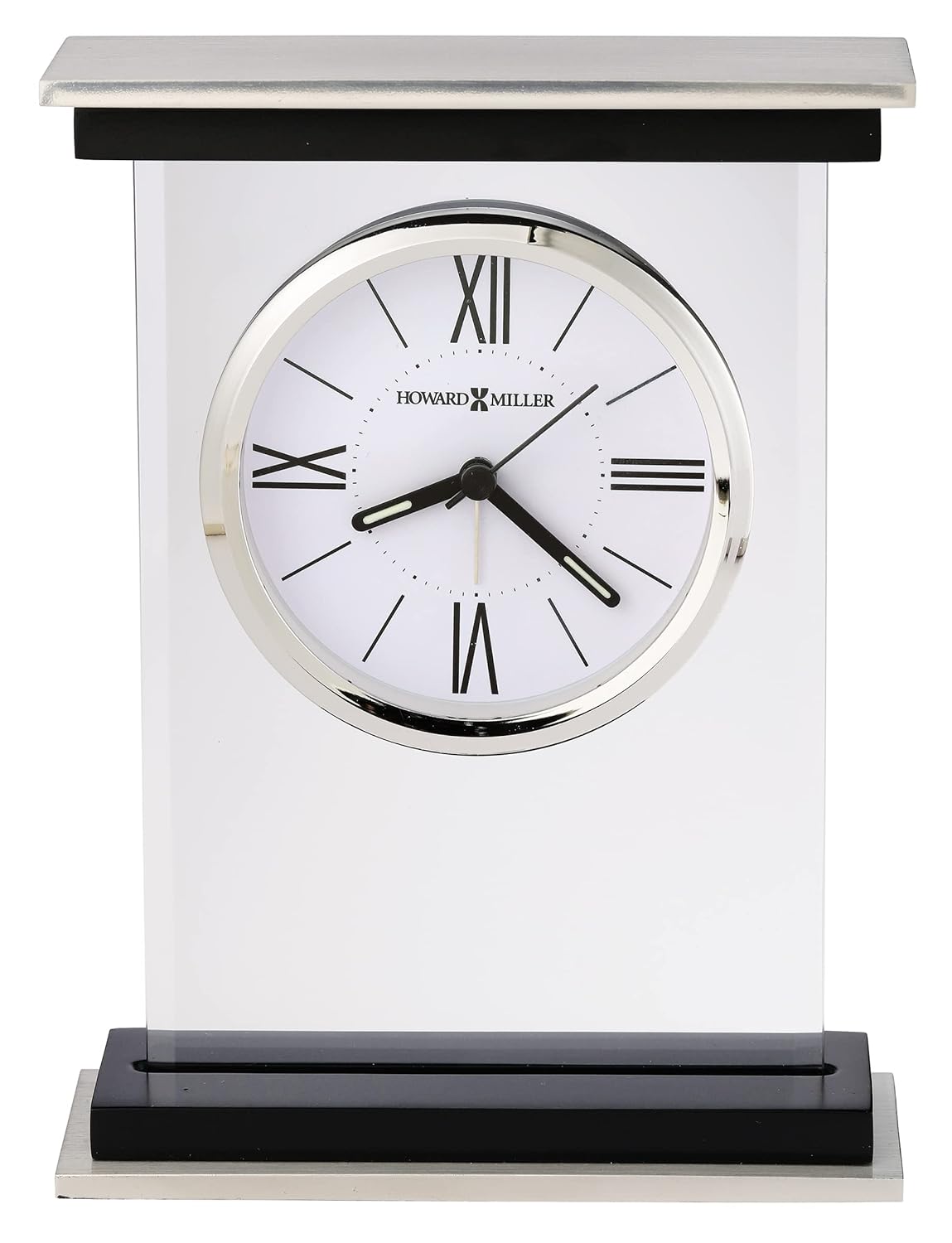 Howard Miller Bryant Tabletop Alarm Clock – Modern Desk Clock with Silent Sweep Seconds Luminous Hands Roman Numeral Markers & Bracket Style Design Satin Finish for Home Office & Desktop Decor
