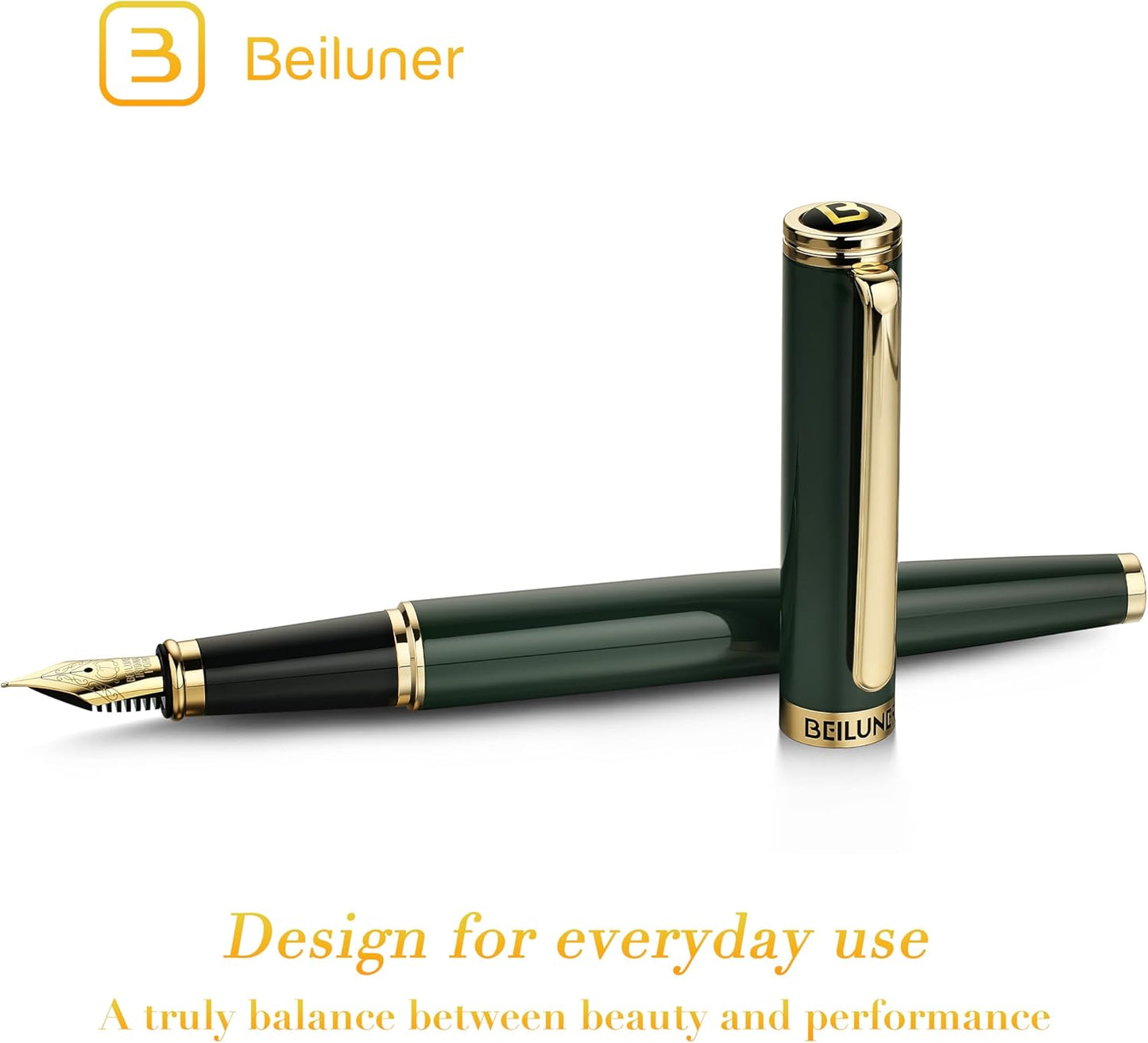 BEILUNER Racing Green Fountain Pen,Stunning Luxury Pens with 24K Gold Finish, Gorgeous 24K Gilded Nib(Fine), Trustworthy Gift for Men&Women -Ink Converter-Elegant, Graduation,Fancy Pen for Writing