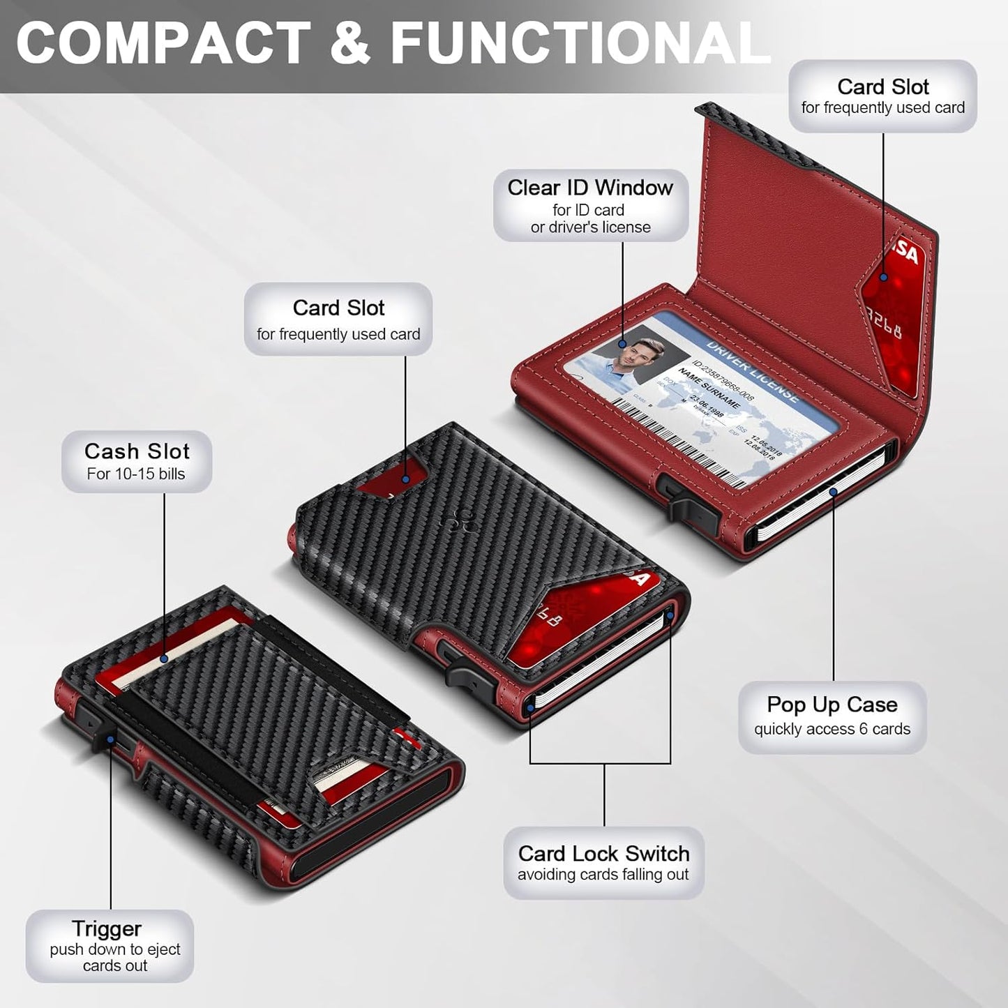 Wallet for Men Wallet with Slim Pop Up Card Holder 9-13 Cards, Bifold Minimalist Smart Wallet RFID Blocking Credit Card Holder with ID Window & Stretchable Cash Slot Compact Metal Aluminum Card Case