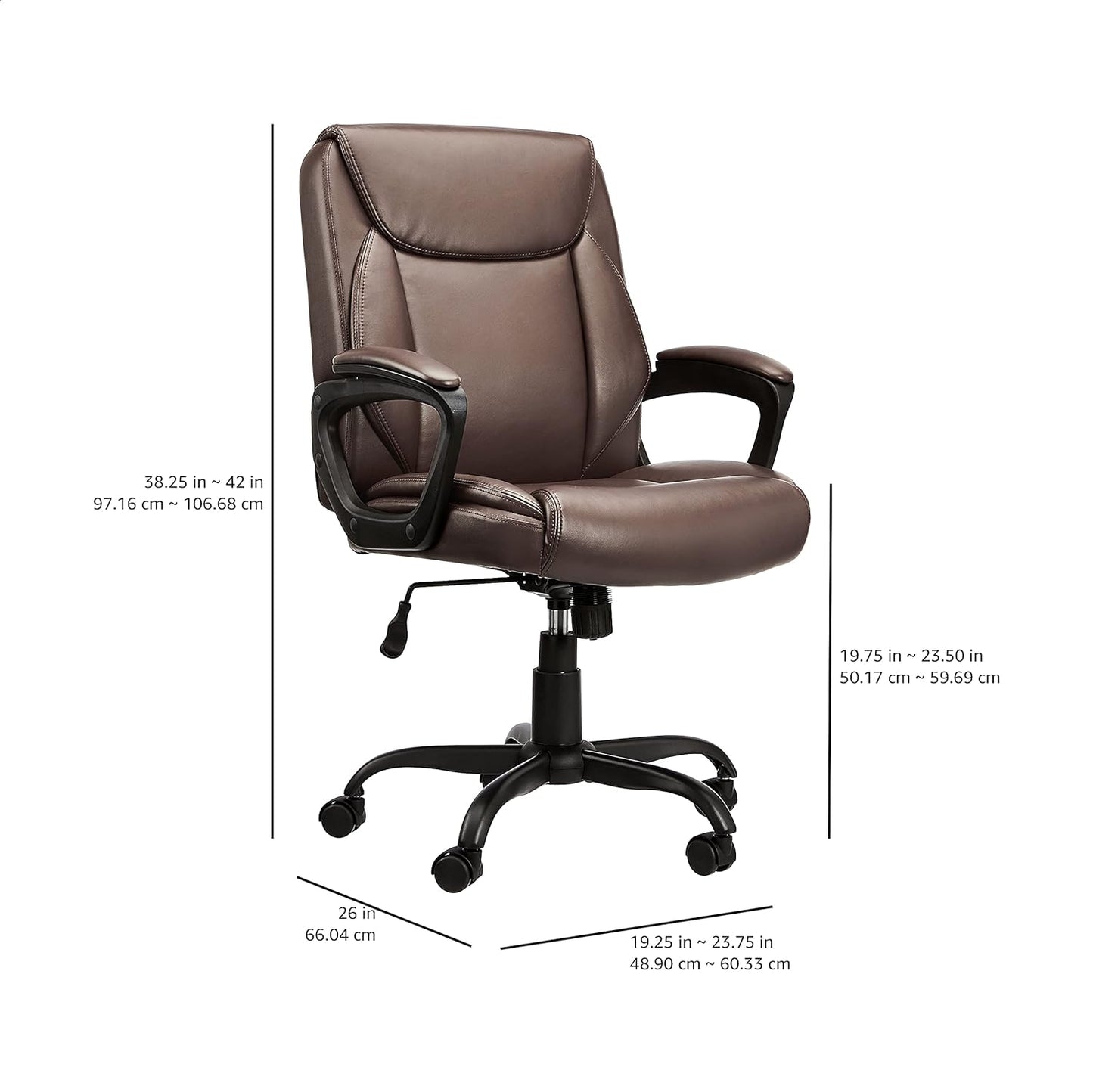 Amazon Basics Classic Puresoft PU Padded Mid-Back Height Adjustable Office Computer Desk Chair with Armrest, 25.75"D x 24.25"W x 42.25"H, Brown