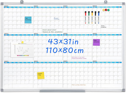 MAKELLO Large Magnetic Dry Erase Calendar Whiteboard Yearly for Home 43x31 in, Bedroom, Office, Classroom, 12 Months