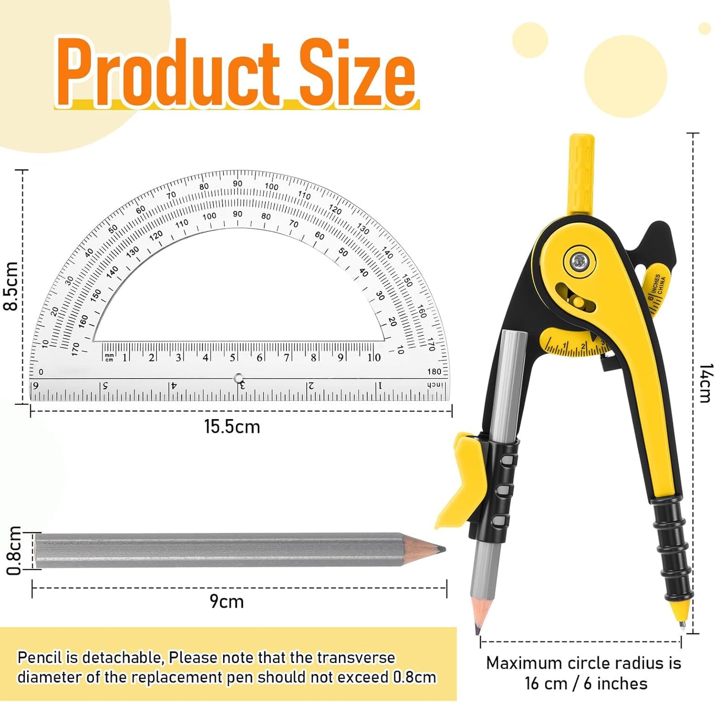EBOOT Student Geometry Math Set, Drawing Compass and 6 Inch Clear Swing Arm Protractors 180 Degree Math Protractor (Yellow)