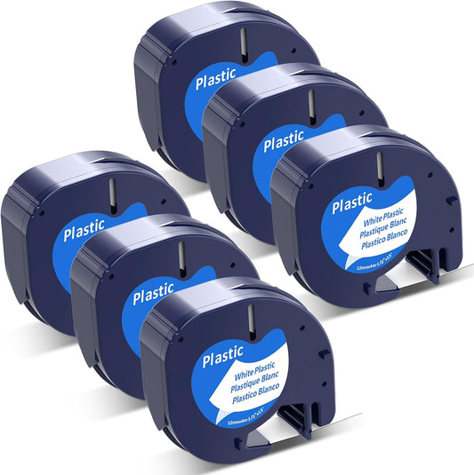 6-Pack Compatible with Dymo Letratag Refills 91331 White Plastic Label Maker Tape 12mm x 4m(1/2" x 13ft) Compatible with Dymo Label Maker Refills for Dymo Letra Tag 200B LT-100H 100T Plus