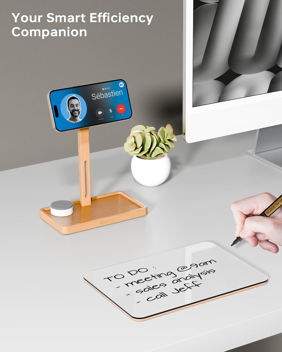 YEOUX Premium Desktop Glass Whiteboard & Magnetic Phone Stand 2-in-1 | 360° Adjustable | Solid Wood | MagSafe Compatible, Small Dry Erase Board for Office Home Desk