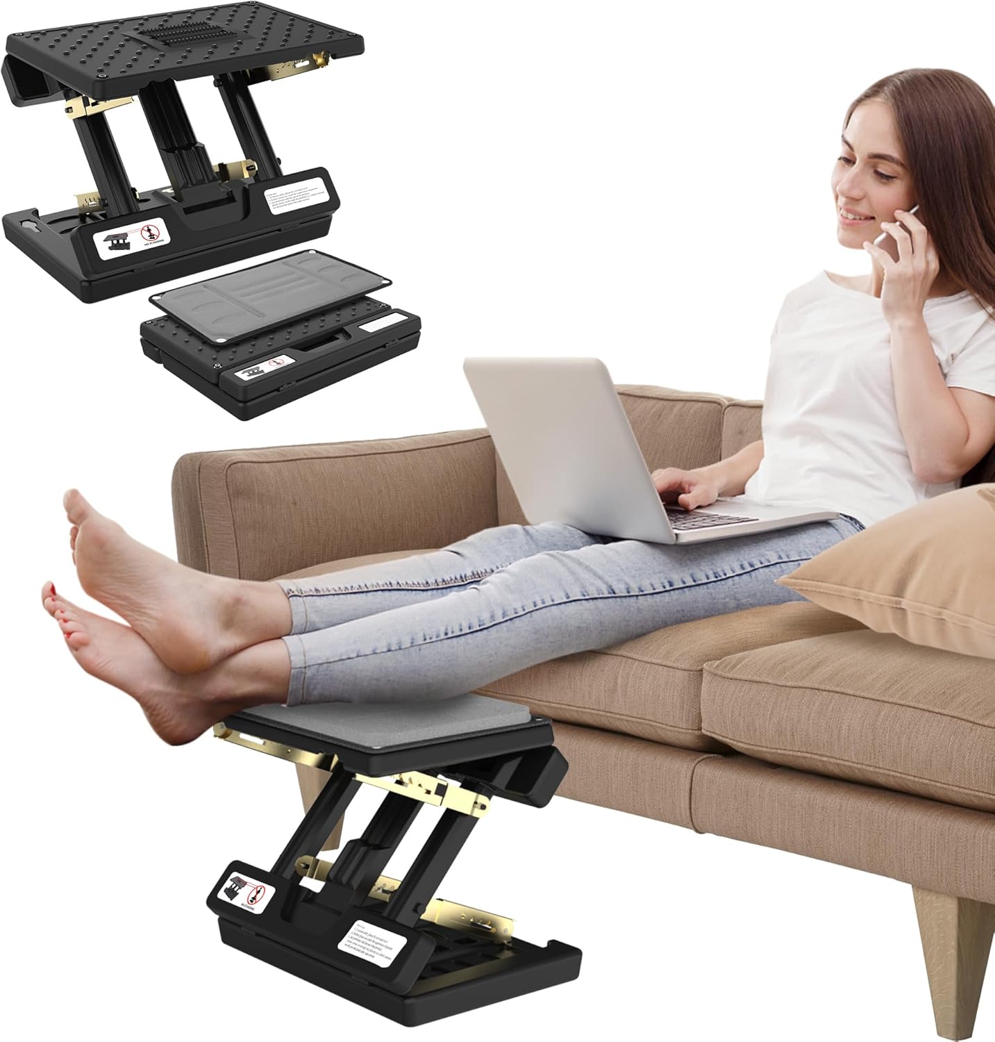Foot Rest for Under Desk at Work, Height Adjustable Footrest with Massage Roller and Soft Pad, Foldable Ergonomic Foot Rest for Car, Underdesk, Home, Train(Grey)