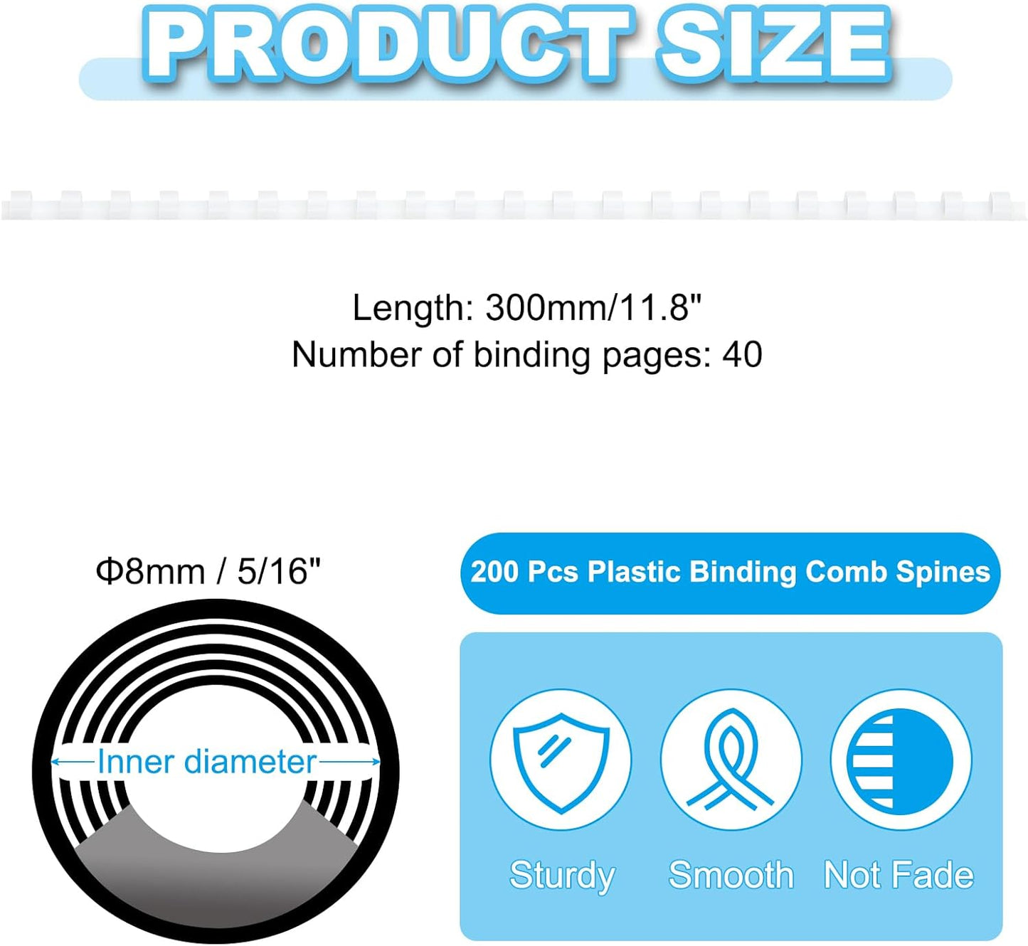 PATIKIL 8mm (5/16") Plastic Binding Combs, 200 Pcs 21 Rings Comb Binding Spines 40 Sheet Capacity Letter Size for Binding Paper Sheets Notebook Calendar Picture Album, White