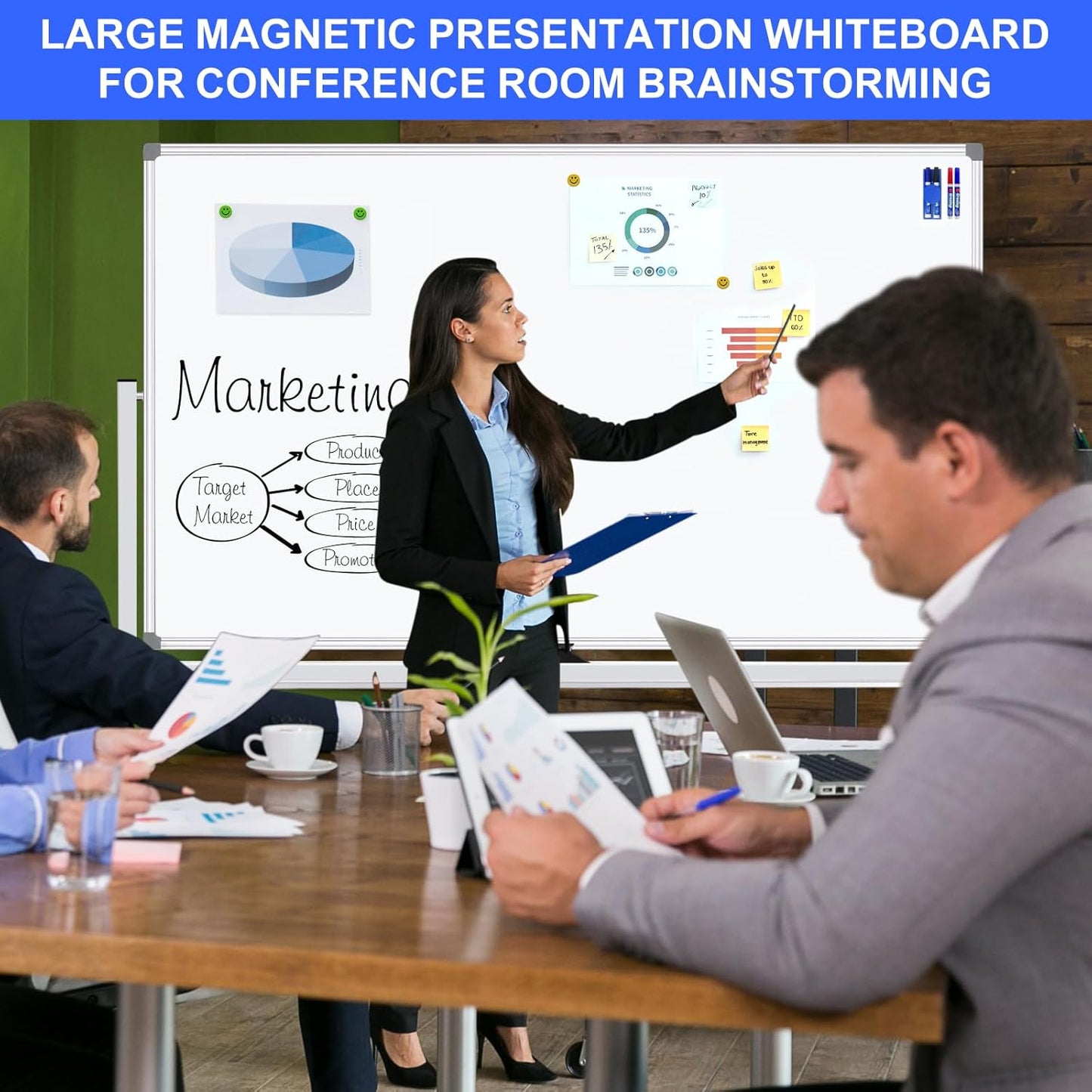 Mobile Magnet Whiteboard with Stand 60x36 Double-Sided Dry Erase Board with Stand - Magnetic Portable Standing Whiteboard - 5' x 3' Rolling White Boards with Easy Flip Feature