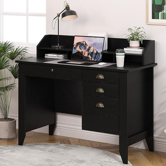 4 EVER WINNER Black Desk with Drawers, Small Desk with File Drawer and Monitor Stand, Computer Desk with Storage, Writing Desk for Bedroom Home Office, Black