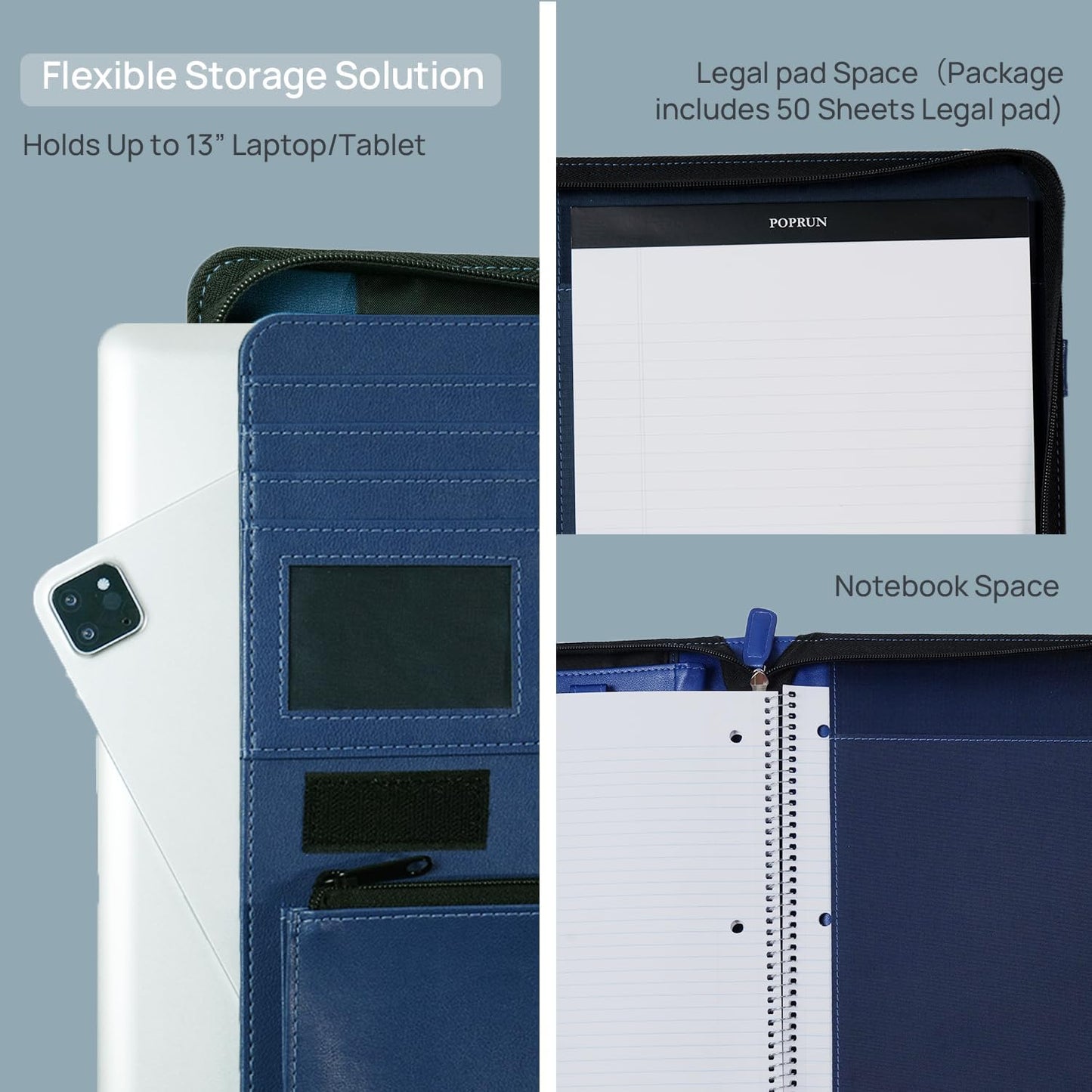 POPRUN Portfolio Binder with Zipper, Leather Padfolio Document Organizer with Storage, Professional Business Briefcase Ideal for Meeting Presentation Work-Includes 50 Sheet Writing Pad, Blue