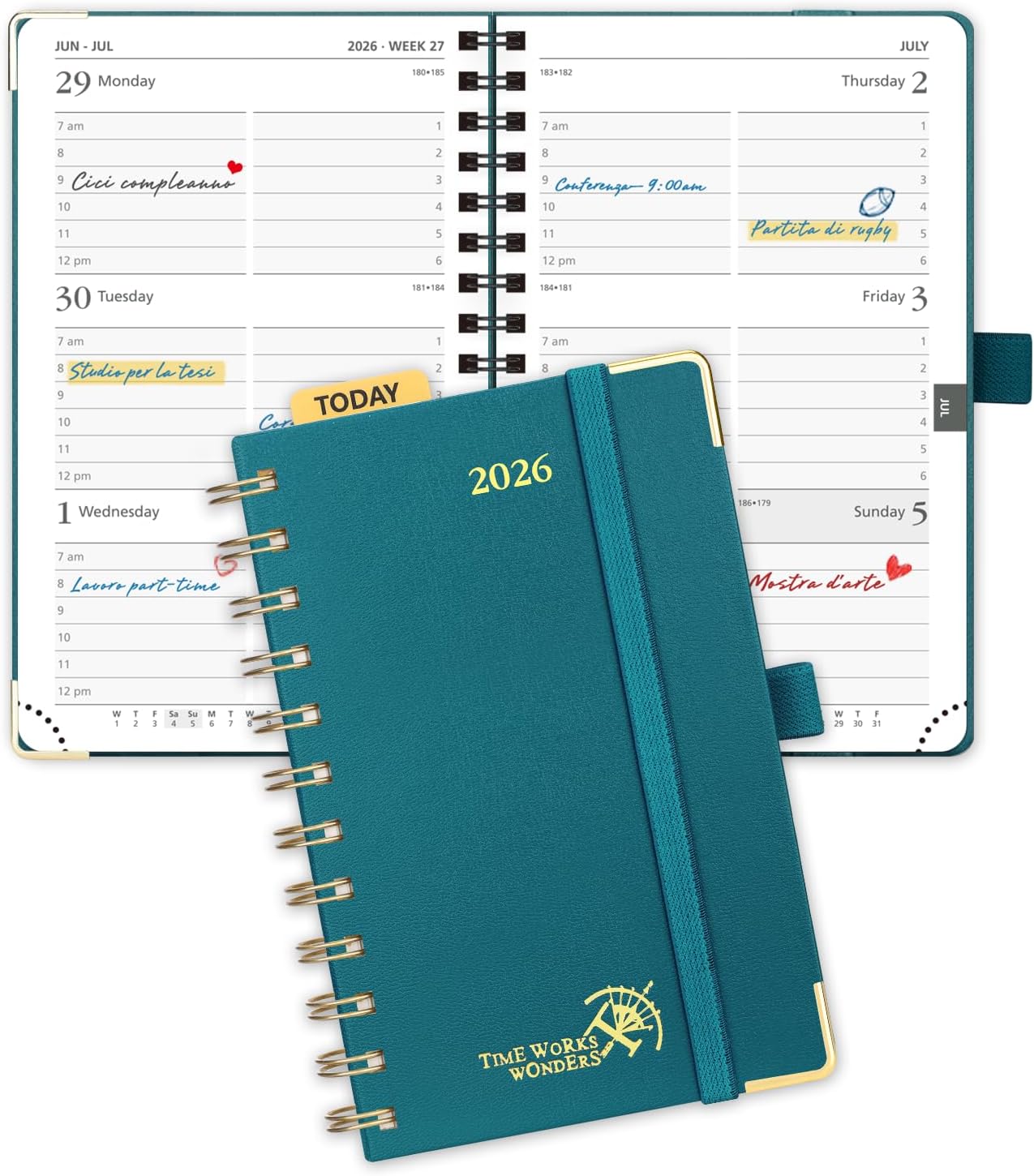 POPRUN 2026 Planner (Pocket Size 4''x 6.25'' Wire-Bond Hard Cover) Calendar Weekly and Monthly (Jan.2026-Dec.2026) Small Planner with Hourly Time Slots, for Purse, 100 GSM - Pacific Green