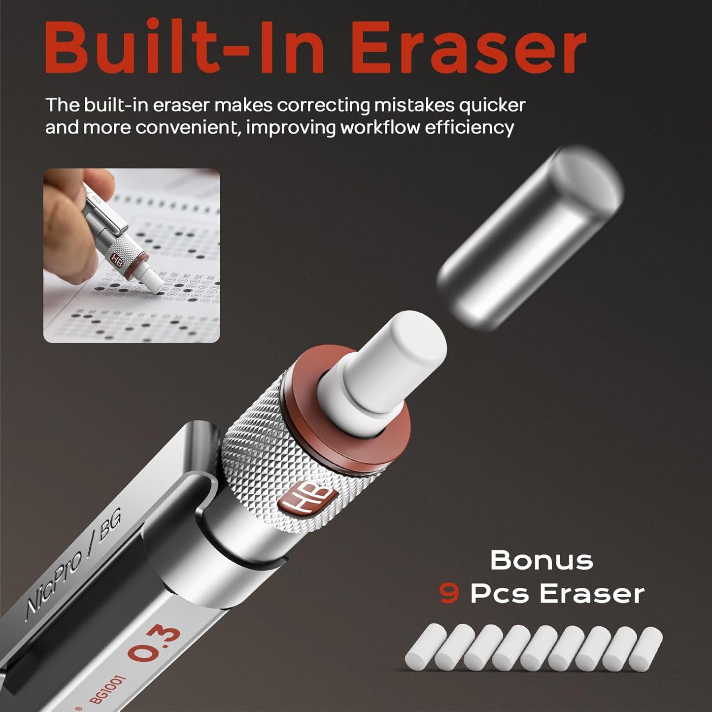 Nicpro 3 Pack Blocky Gear 0.3 mm Metal Mechanical Pencils Set with Case, Lead Drafting Pencil with 8 Tube (480PCS) Lead Refills, 4 Erasers, 18 Eraser Refills for Art Writing, Sketching Drawing