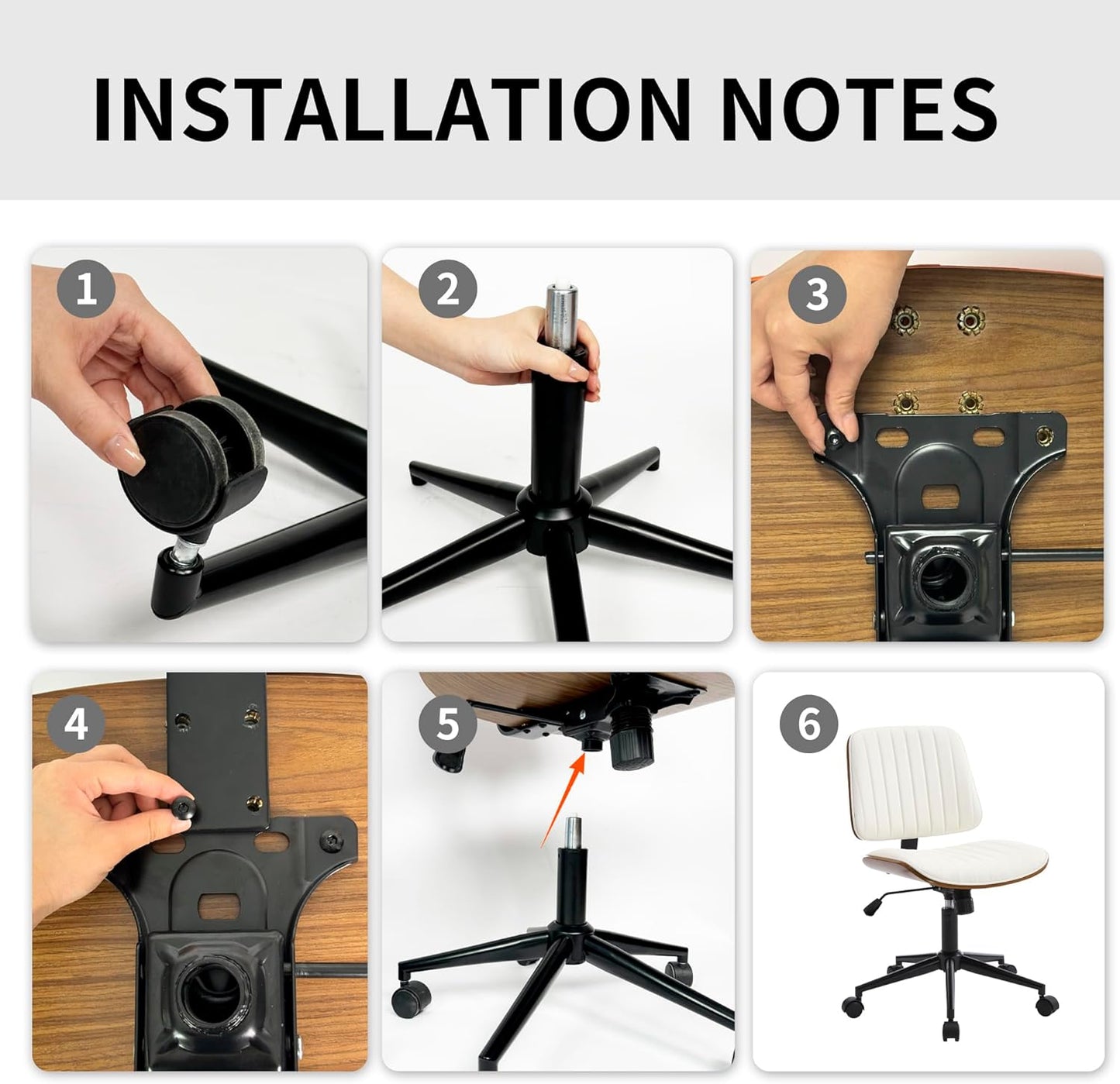 Small Home Office Chair - Armless Mid Back Desk Chair with 360° Swivel and Wheels, PU Upholstered Height Adjustable Modern Walnut Computer Chair for Home, Office Meeting Room - Black