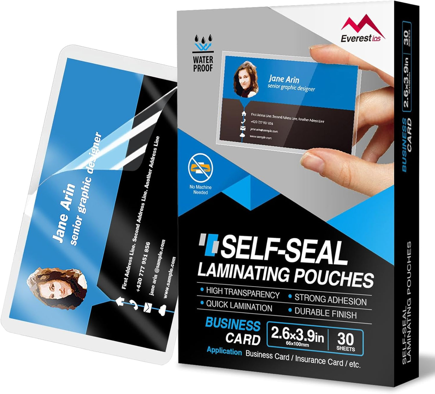 Everest Self Seal Laminating Pouches, Self Sealing for 2.6x3.9 Inch, Business Cards Size, Waterproof, 10 Mil Thick, Gloss Finish, No Machine Needed, 30 Pack