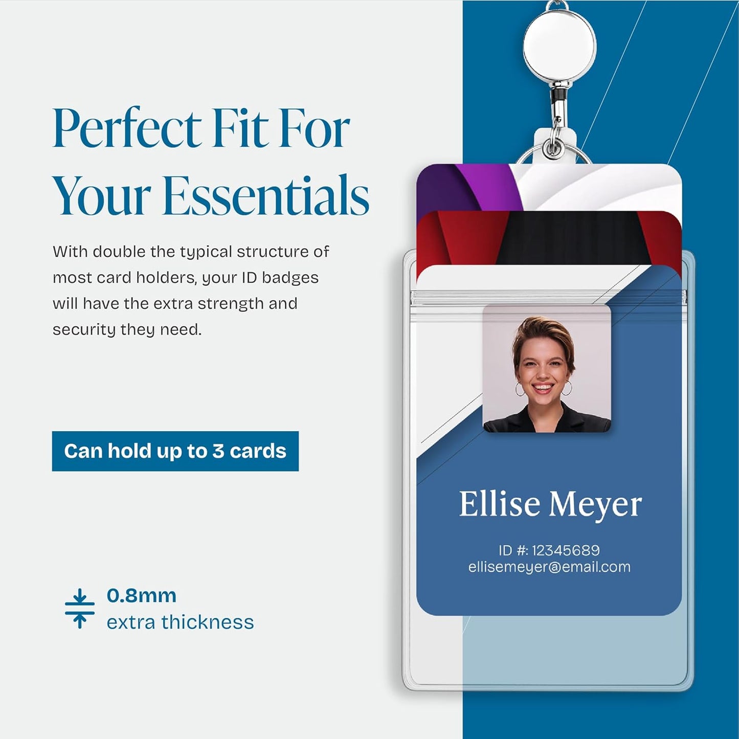 Will Well Retractable Beaded Badge Reel Lanyard with Keyring for Women - Vertical Plastic 3.58" x 2.52" Sleeves Fit Up to 3 Cards - Stainless Steel Necklace with Pull Cord - 2-Pack, Clear Case