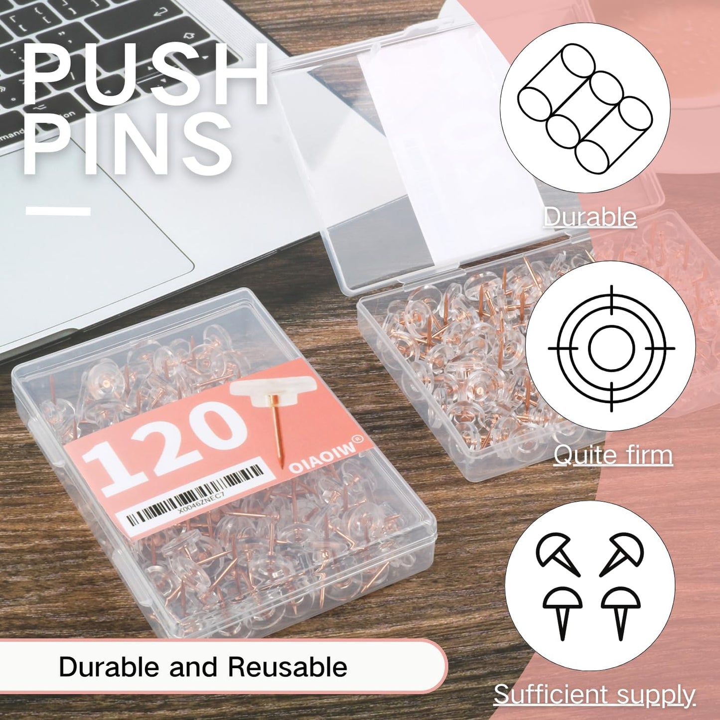 120 PCS Flat Rose Gold Push Pins for Wall Thumb Tacks for Walls Flat thumbtacks Push pin for Bulletin Board Shadow Box Display Thumbtack for Cork Board