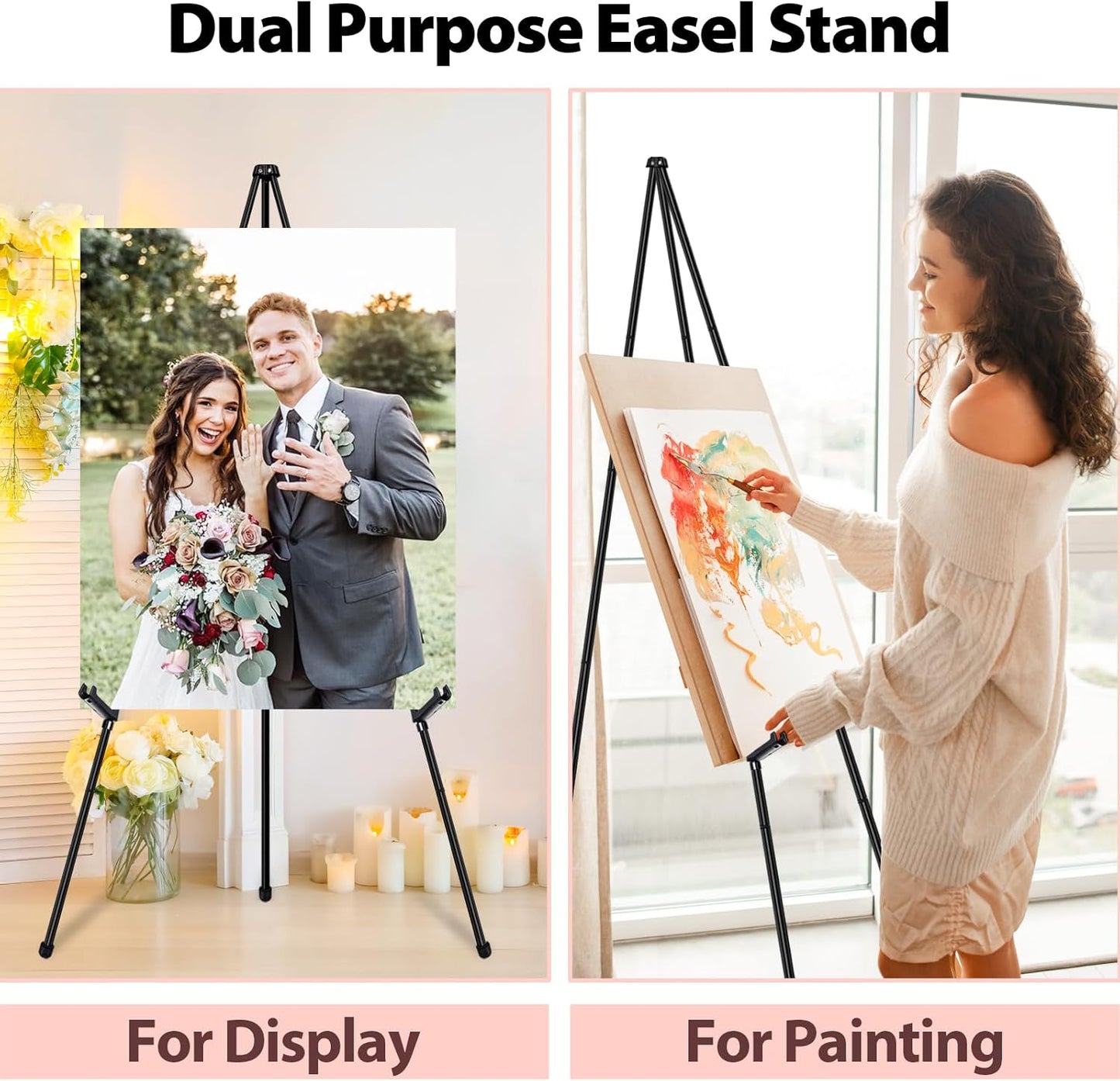 Black Easel Stand for Wedding Signs, Posters & Paintings - 63" Adjustable Portable Display Easel for Welcome Signs, Art Canvas, Pictures - Folding Tripod Stand with Carry Bag (1 Pack)