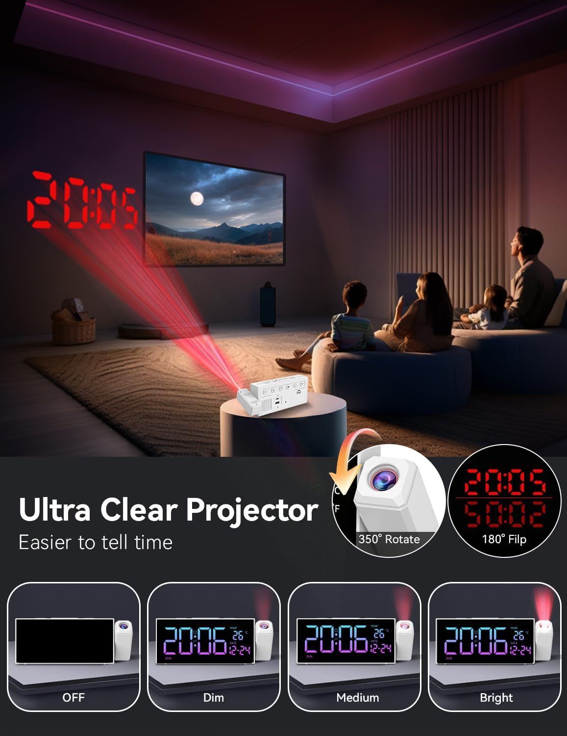 Netzu Projection Clock for Bedroom Ceiling, Alarm Clocks with 180° Rotatable Projector, Date Temperature and Weekday, Manual DST, 5 Brightness, 10 Ringtones, 4 Volumes (White RGB)