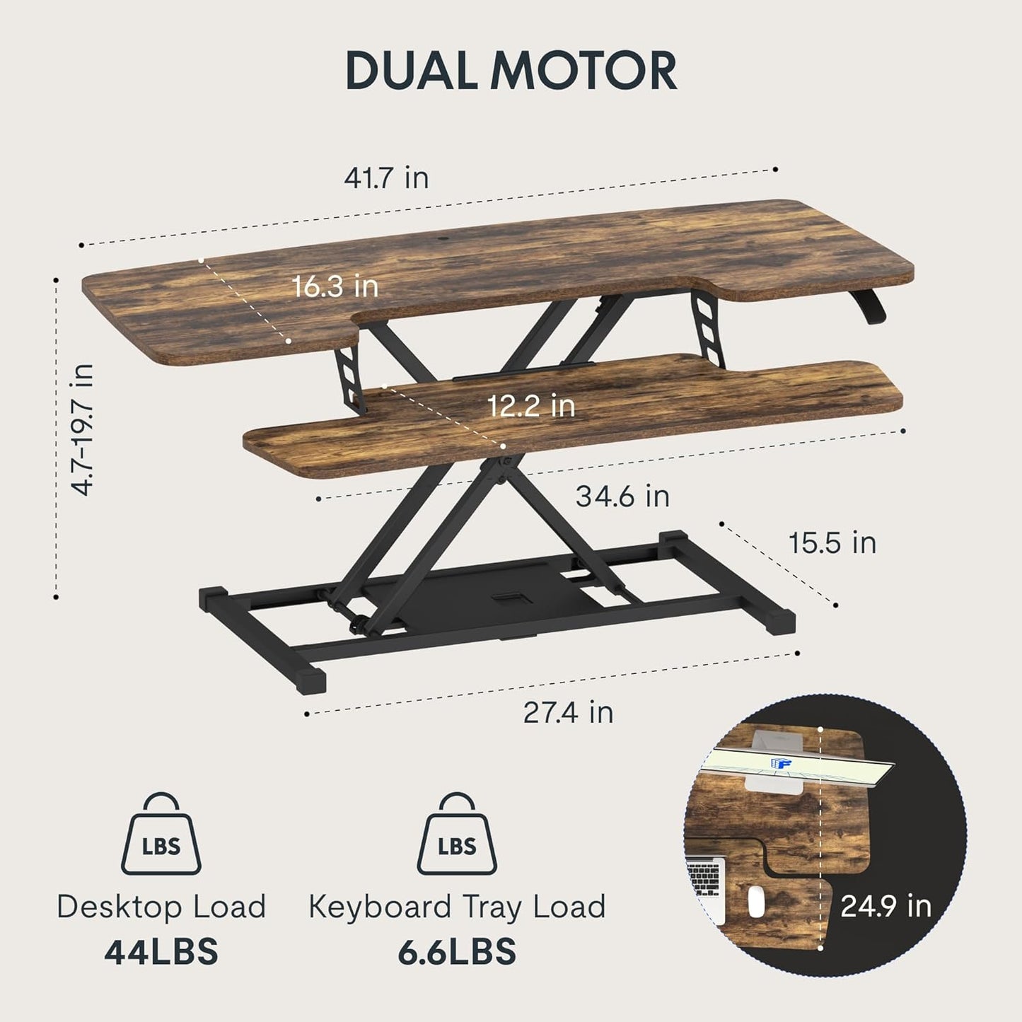FLXISPOT 42-inch Standing Desk Converter, Sit to Stand Dual Monitor and Laptop Workstation with Wide Keyboard Tray, Rustic Color