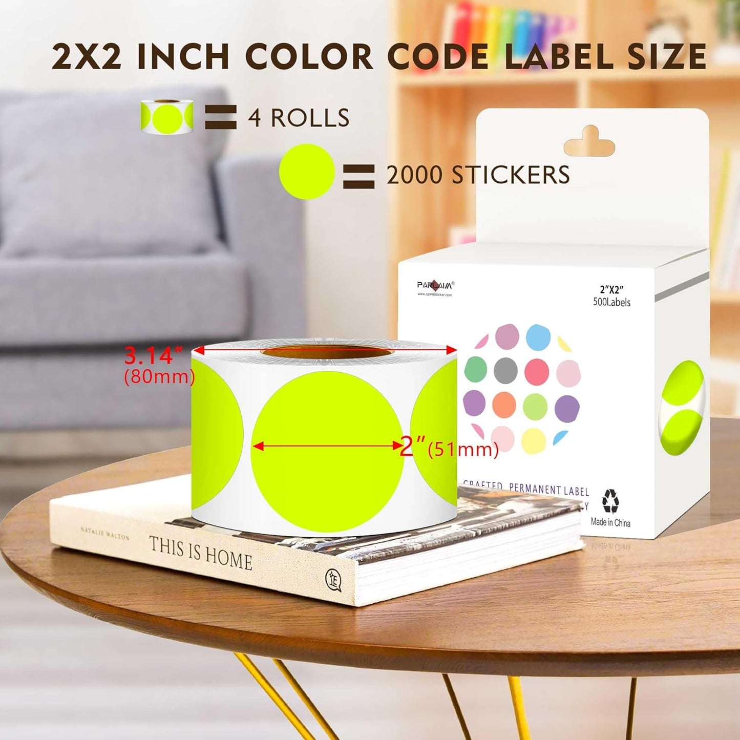 PARLAIM 2 inch Round Color-Code Dot Sticker Labels, 4 Rolls 2000 Adhesive Label Pack in Dispenser Box, Fluorescent Yellow